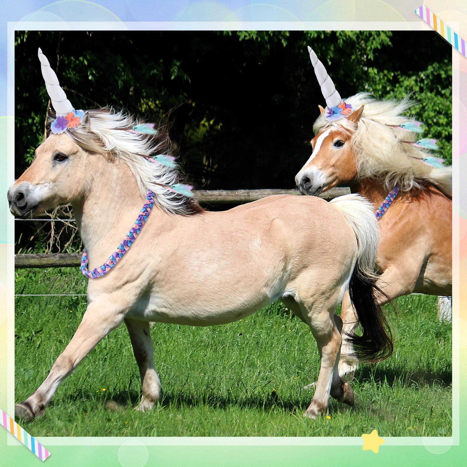 Shyyween 8 Pcs Horse Costumes for Horses to Wear, Unicorn Kit, Include Neck Wreath & 6 Mane Feathers Clip in Hair Extensions Hor