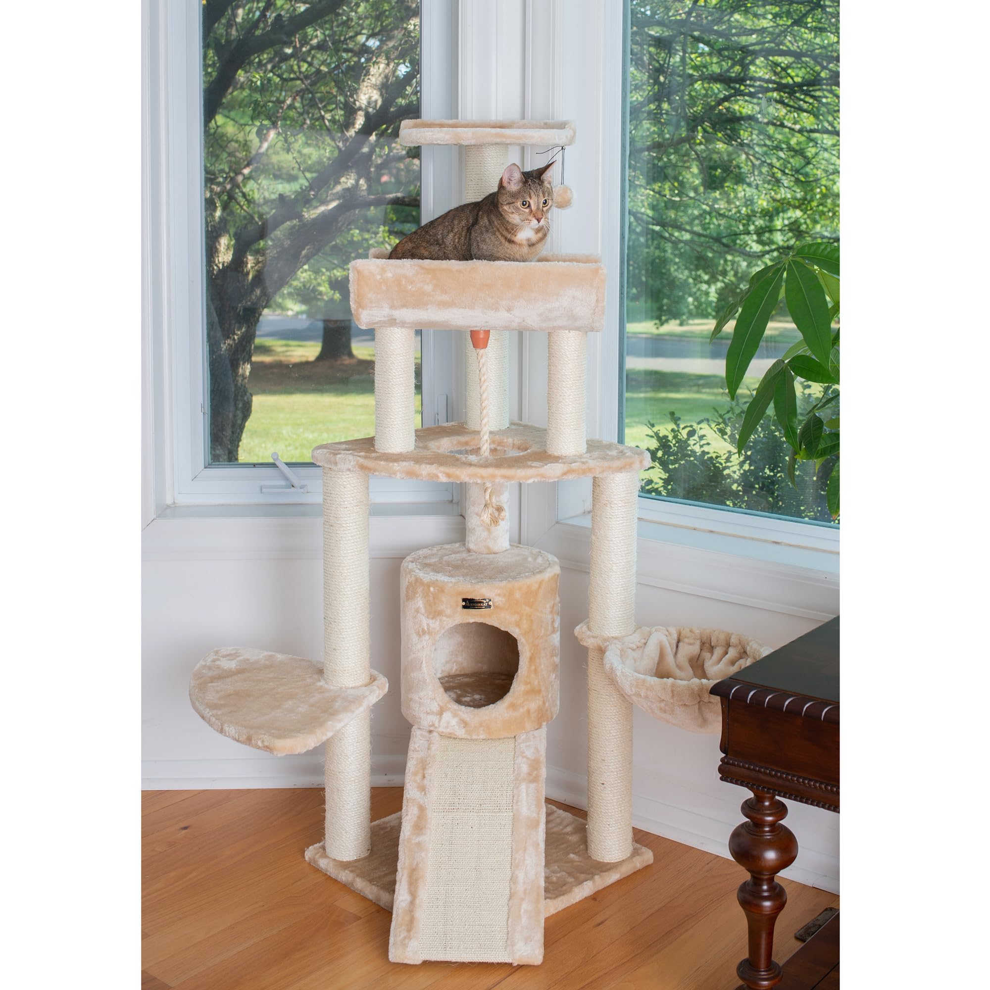 Armarkat Spacious Thick Fur Cat Tower Real Wood Furniture with Basket Lounge, Ramp, Beige A5806