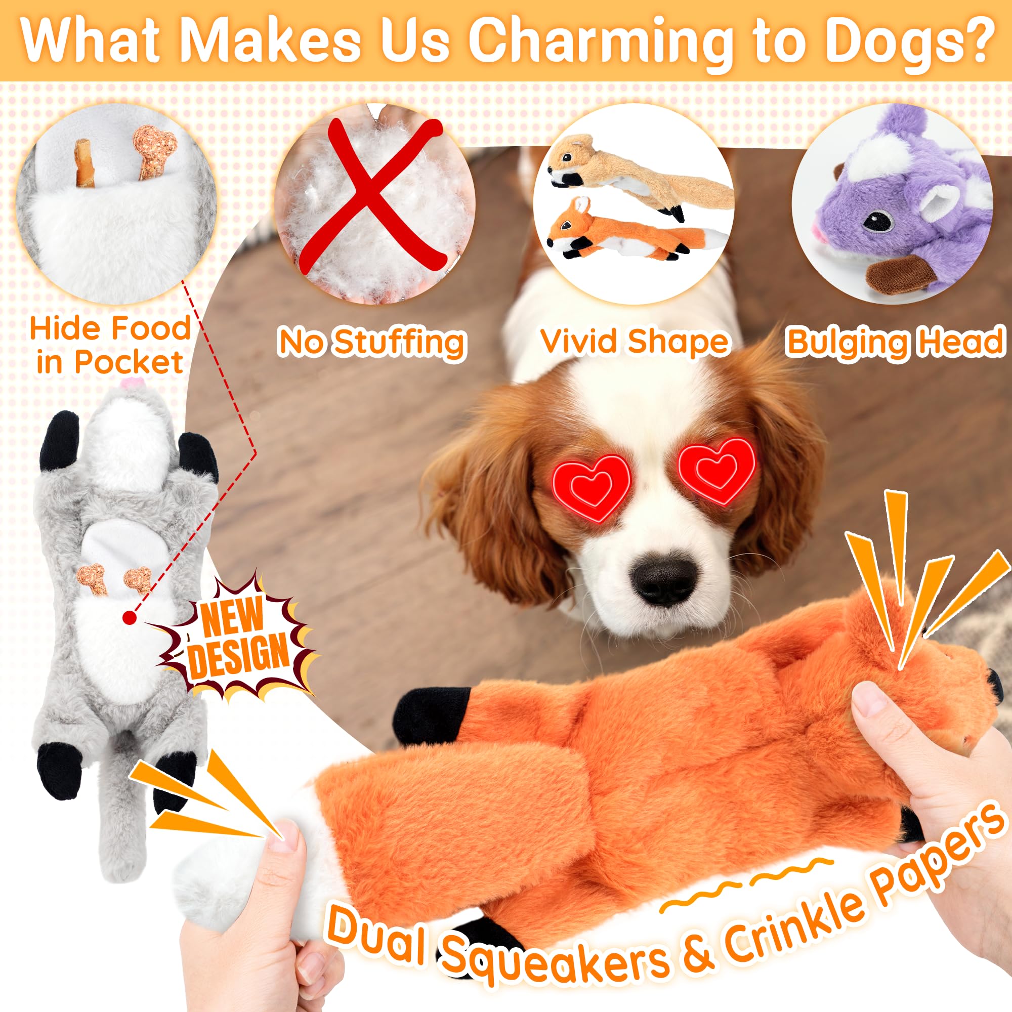 Lechong 5-Pack No Stuffing Dog Squeaky Toys, Plush Crinkle Dog Chew Toys Bundle W/Treat Hidden Pocket For Large Medium Small Dog
