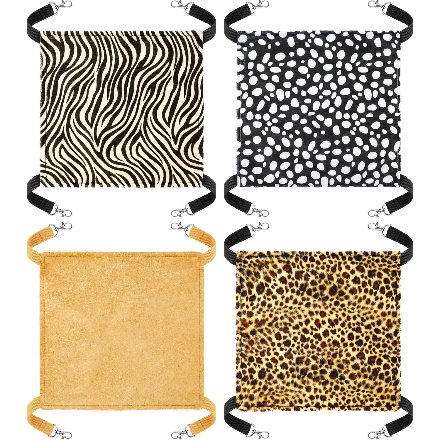 4 Pieces Rat Hammock Ferret Hammock Rat Toys Guinea Pig Cage Hammock Rat Hammock For Cage Rat Cage Accessories(Leopard, Zebra, Black And White Dots, Camel)