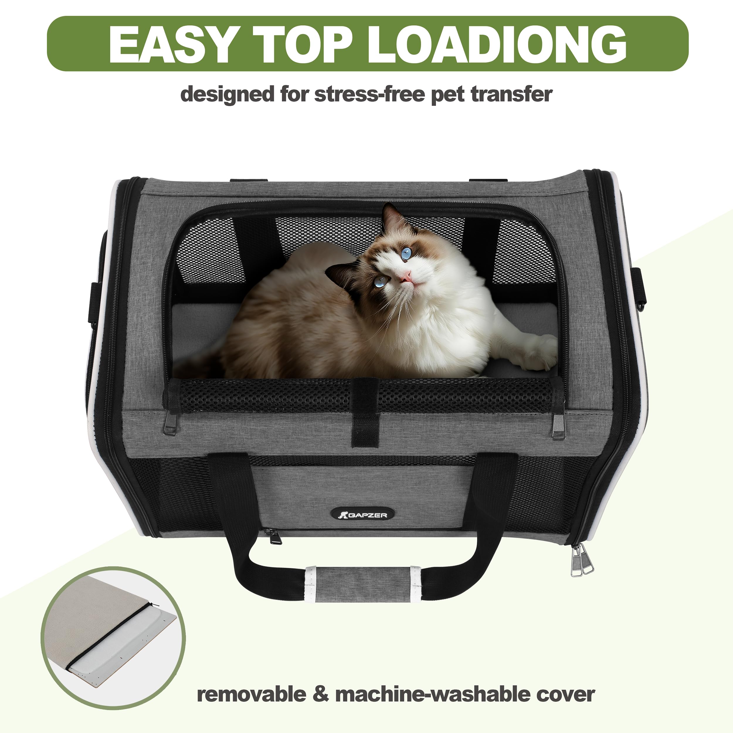 GAPZER Cat Carrier - Collapsible Soft Pet Travel Bag, Grey, Medium, Fits Cats Under 25 lbs, Ideal for Small Dogs and Rabbits