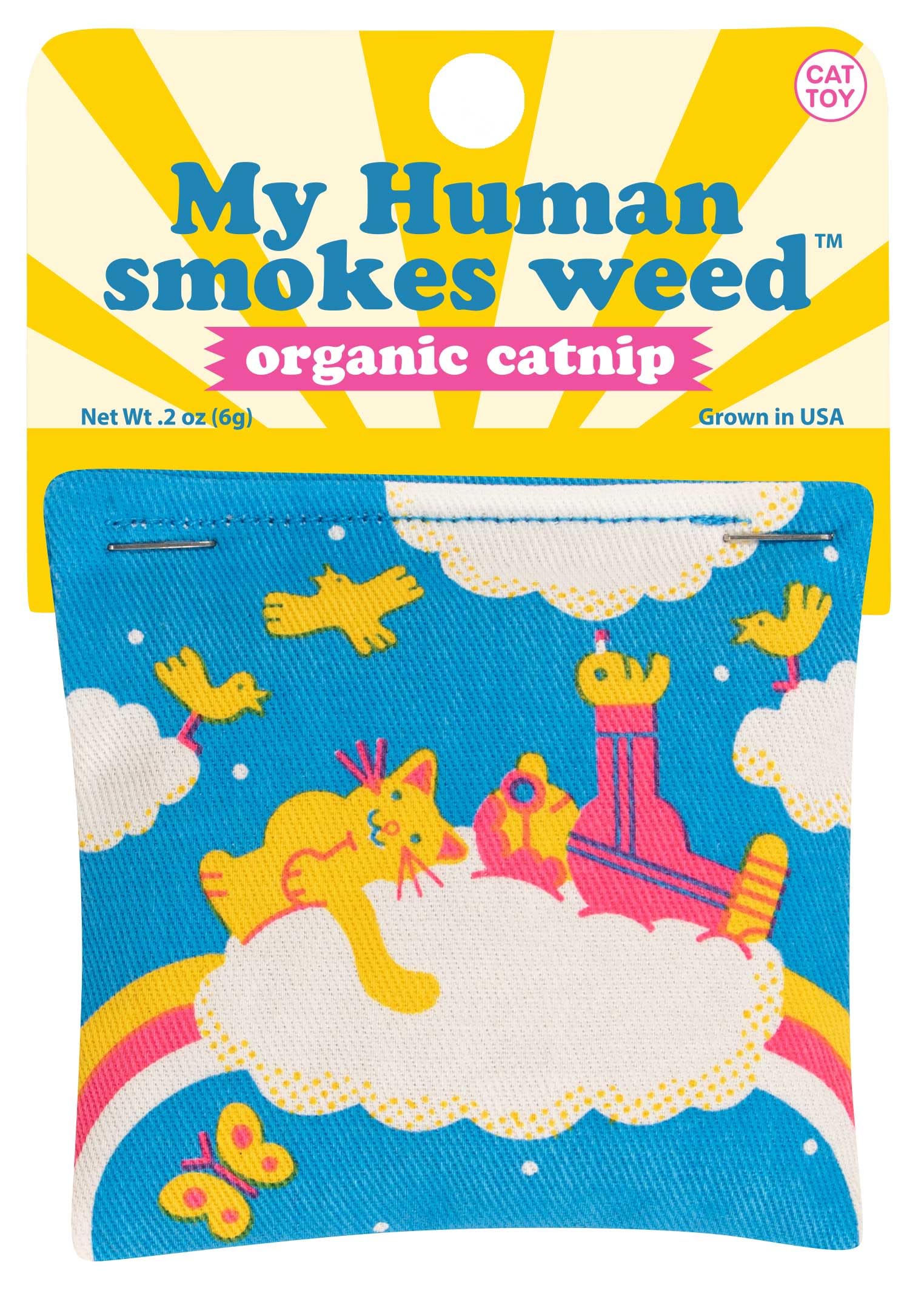 Blue Q My Human Smokes Weed Catnip Cat Toy. Premium Organic Catnip Grown in The USA, 100% Cotton Pouches, Kitty Graphics Sure to