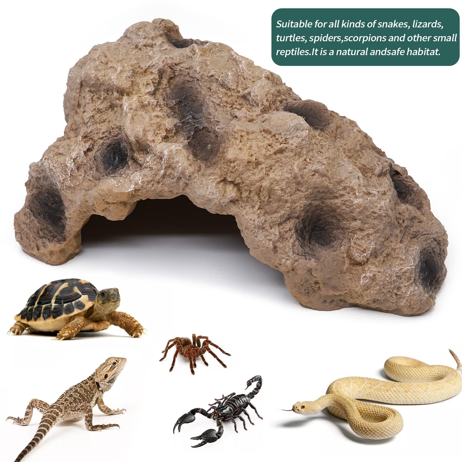 Flushbay Reptile Rock Hide Cave Resin Large Reptile Hideouts Habitat Cave Terrarium Decorations for Bearded Dragon Lizards Gecko