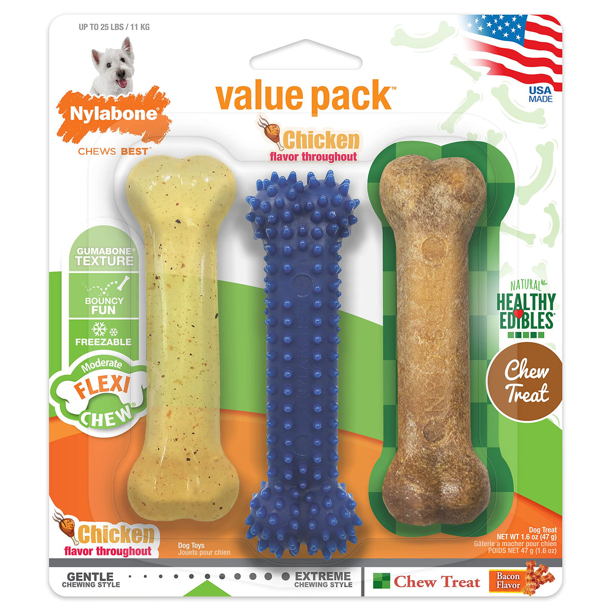 Nylabone Dog Healthy Edibles And Flexi Chew Value Pack Bacon & Chicken Small/Regular (3 Count)
