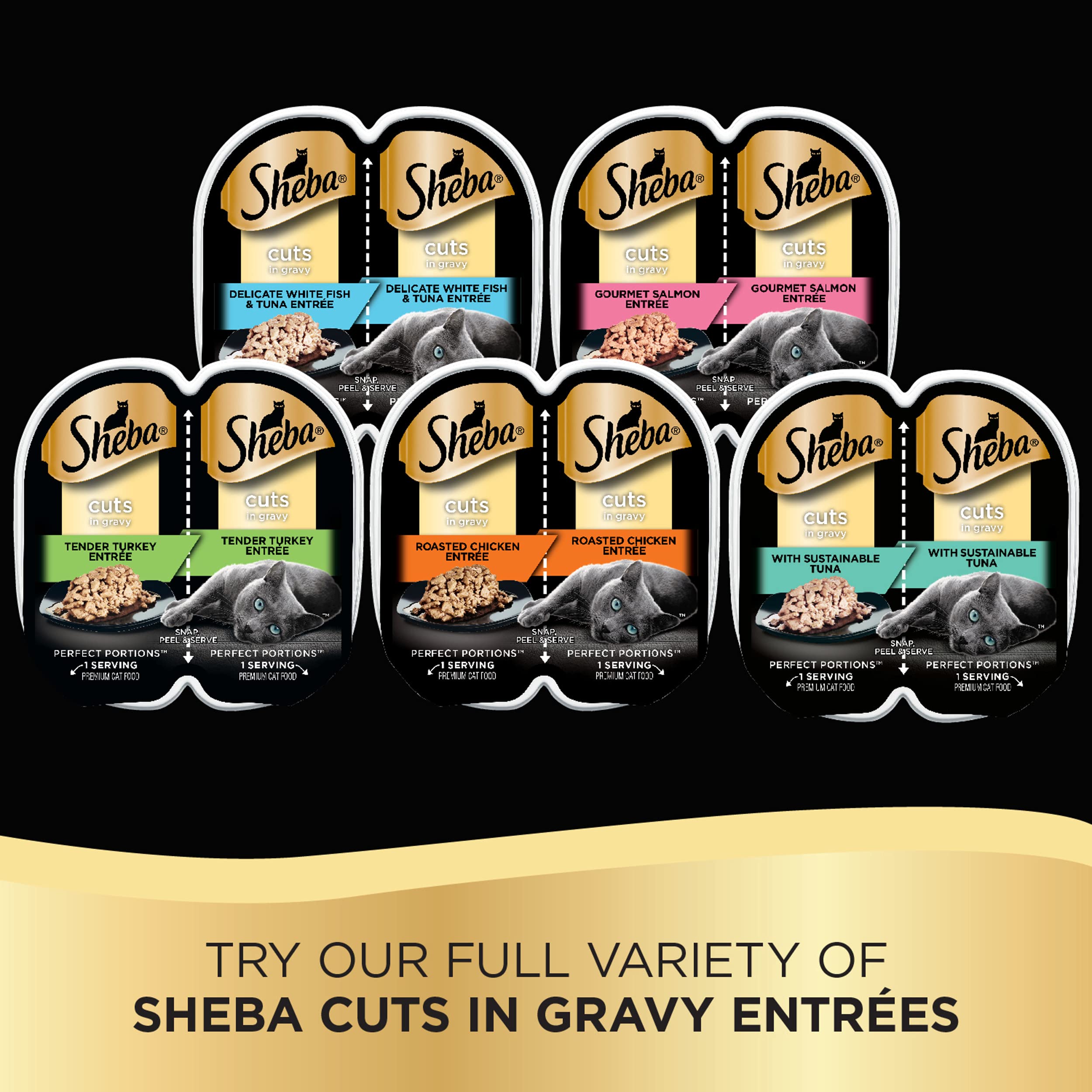 Sheba Perfect PORTIONS Cuts in Gravy Wet Cat Food Trays (36 Count, 72 Servings), Roasted Chicken, Signature Tuna and Tender Turk