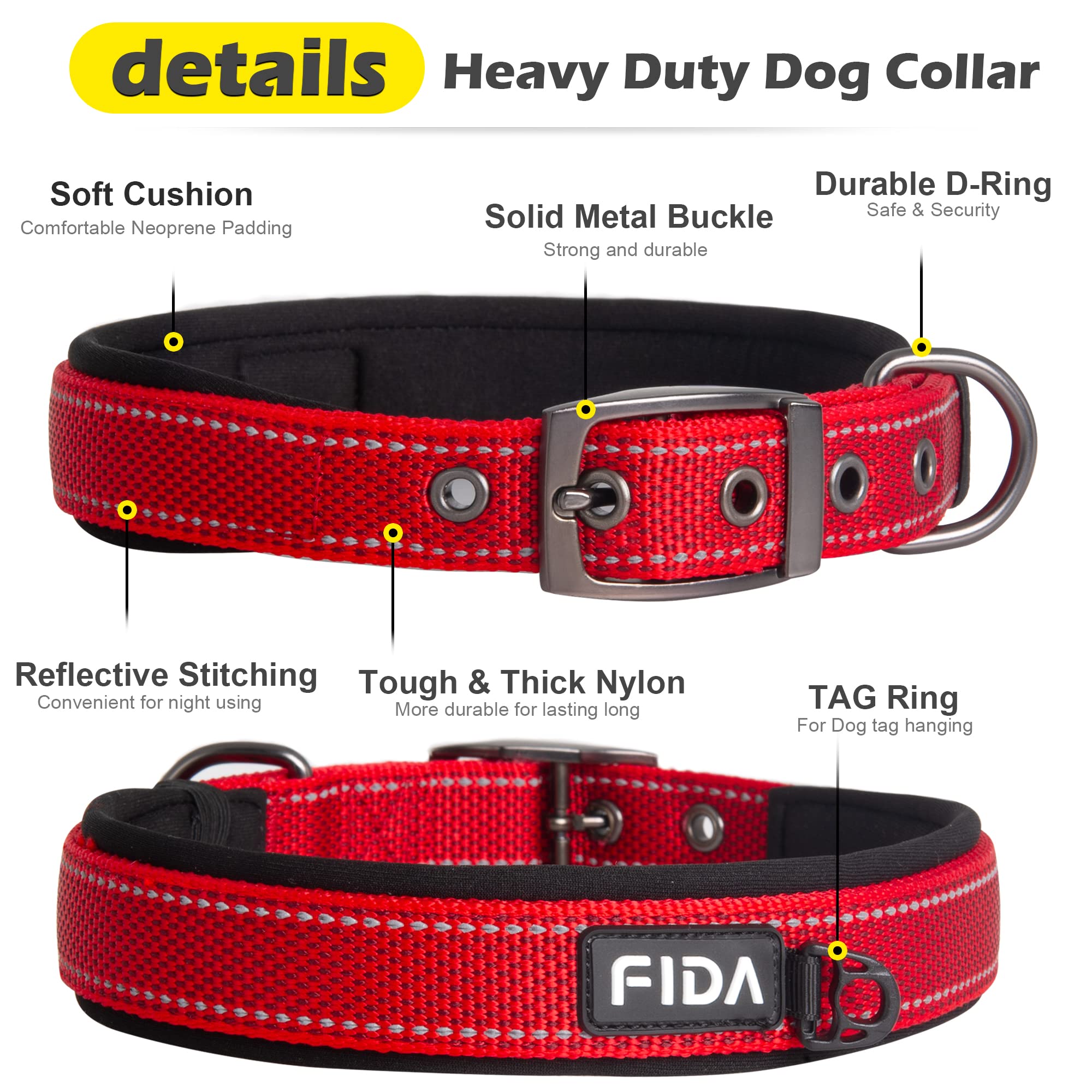 Fida Heavy Duty Dog Collar, Ultra Comfortable Soft Neoprene Padded, Adjustable Reflective Nylon Pet Collar With Durable Metal Belt Buckle For Large Breeds (L, Red)