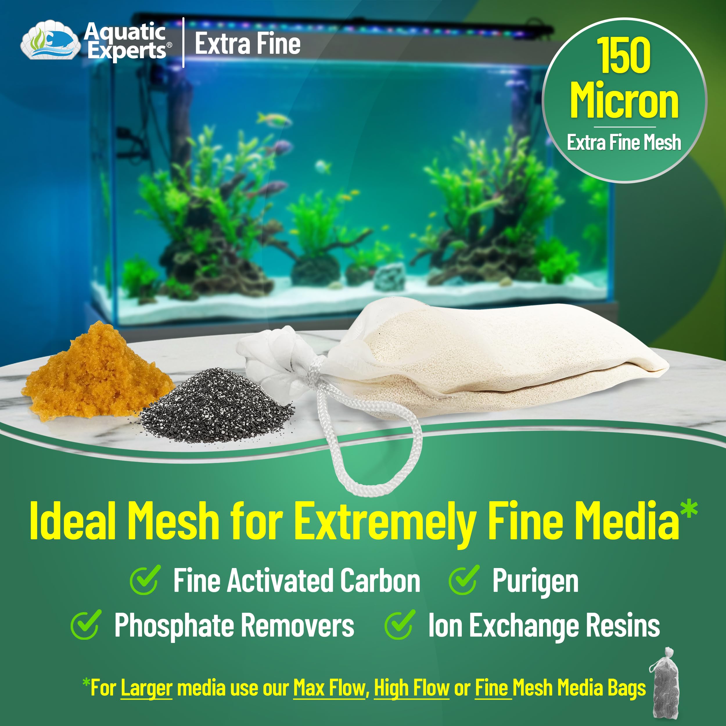 Aquatic Experts Extra Fine Aquarium Media Bag, Durable Drawstring Bags For Fish Tank Filters,150 Micron Mesh, (Extra Fine, 5'' X