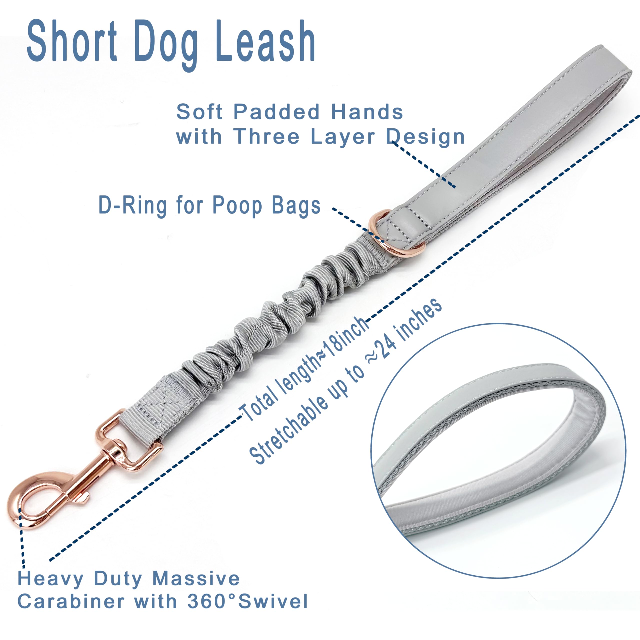 18'' Short Dog Leash Comfortable Soft Nylon Bungee Resistance Elastic Short Leash For Large And Medium Dogs (Grey, 18''-24'')