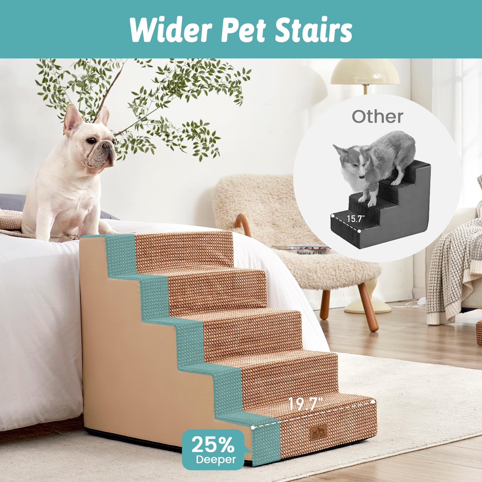 Cozy Kiss Dog Stairs For Small Dogs, 5 Tier Removable Wider Pet Stairs For Couch And Bed, 23.6'' H Non-Slip Dog Steps For Puppie