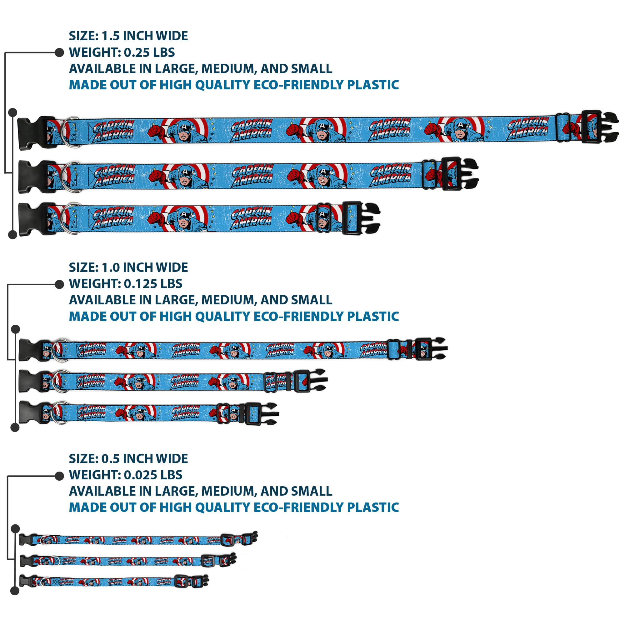 Buckle-Down Dog Collar Plastic Clip Captain America Action Pose Weathered Blue, 1.5 Wide - Fits 18-32 Neck - Large (Pc-W
