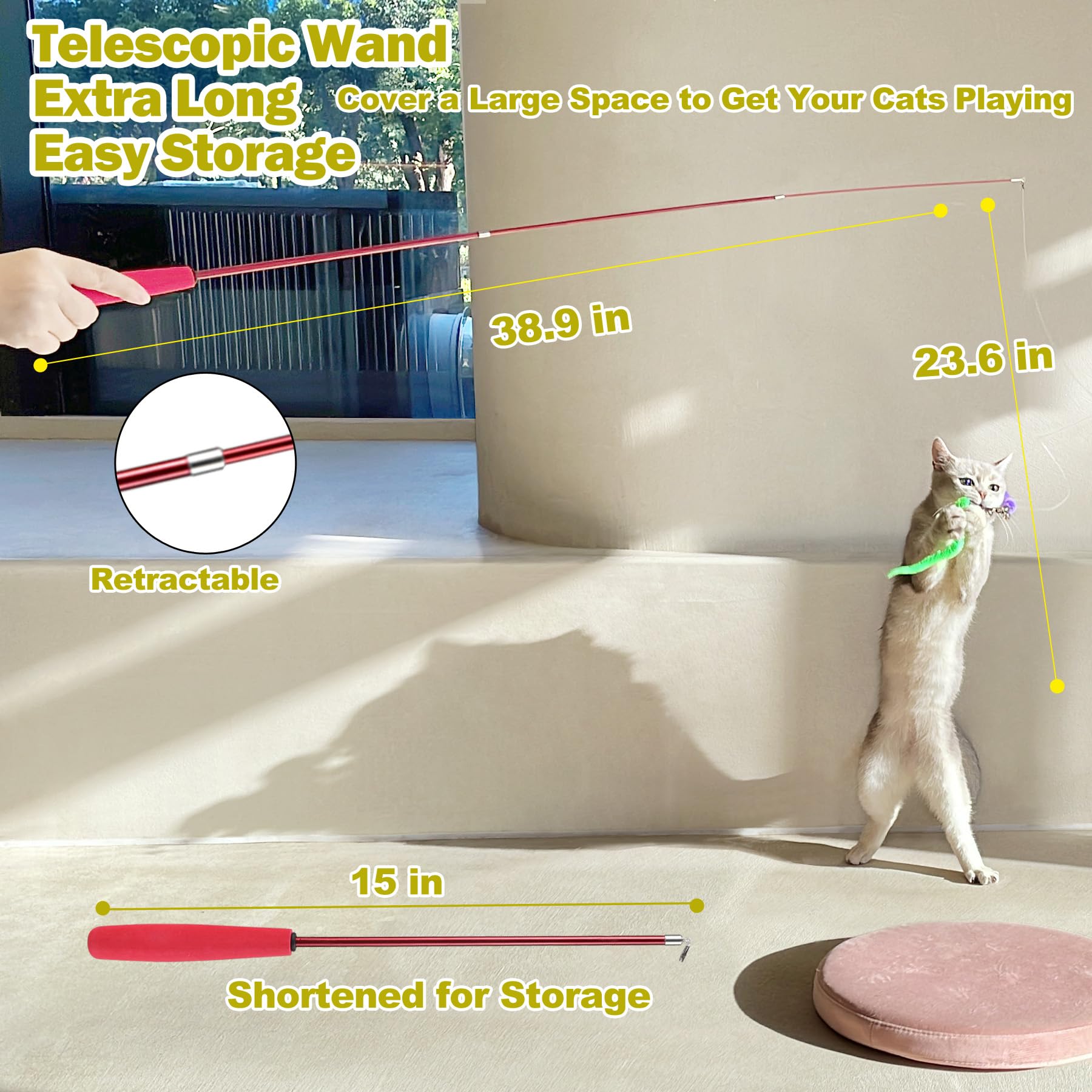 Meohui Interactive Cat Toys - Retractable Wand Toy And Feather Toys Refills For Indoor Cats To Chase And Exercise