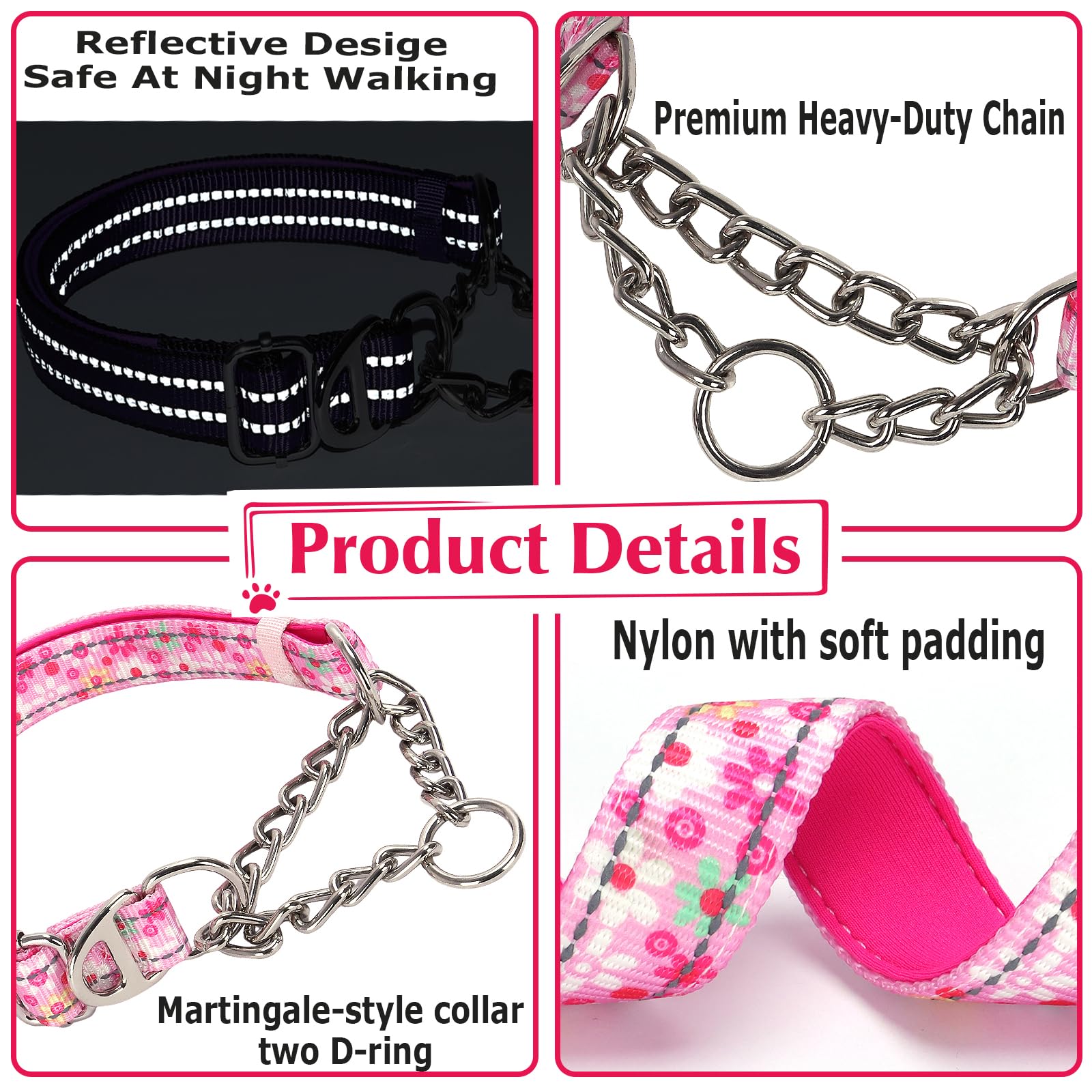 Reflective Martingale Dog Collar With Soft Padded,Adjustable Heavy Duty Choke Steel Chain Big Dog Training, Walking, Hunting Col