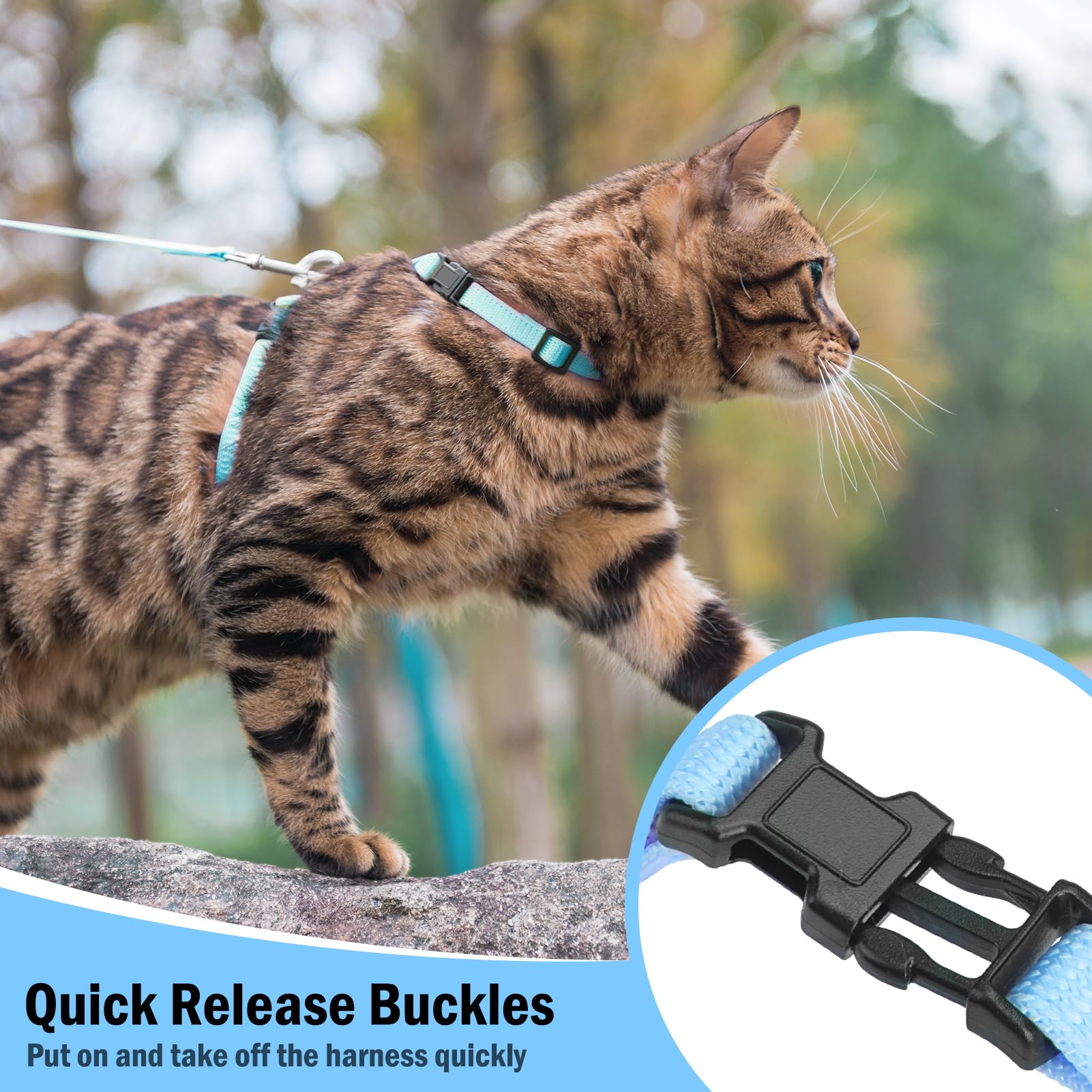 Pupteck Adjustable Cat Harness And Leash Set Escape Proof Kitten Strap Collar For Walking Travel, Sky Blue, M
