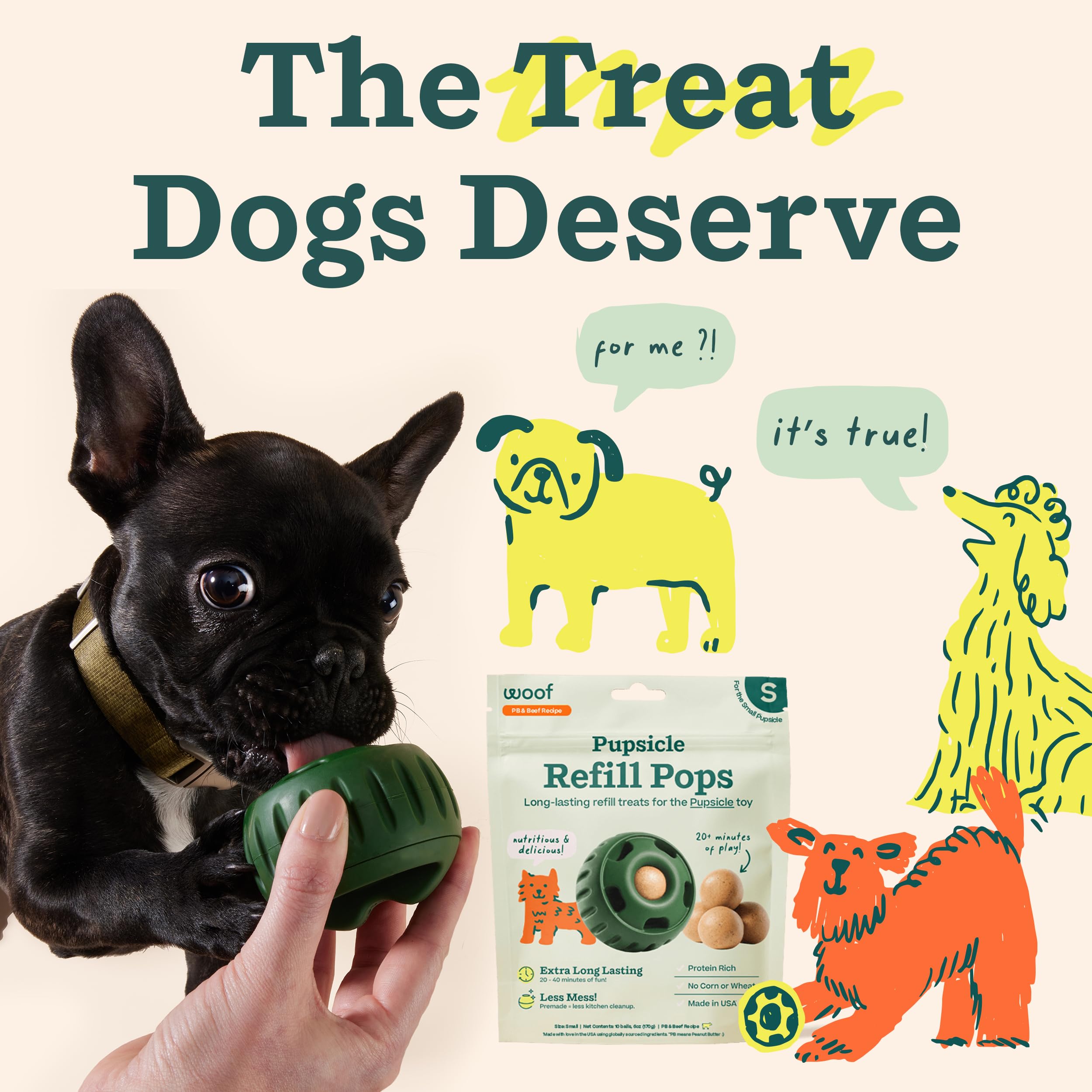 WOOF Pupsicle Refill Pops - Low-Mess Dog Snacks - with Peanut Butter and Beef - Dog Treats - Long Lasting - Small Pops - 10 Coun