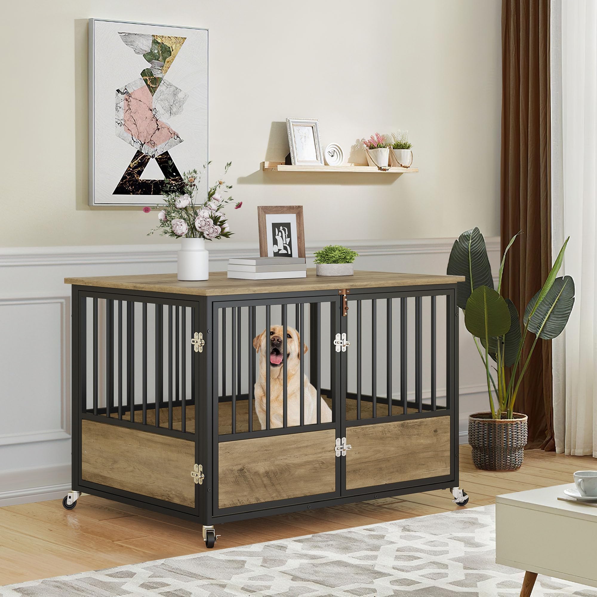 YITAHOME 43.3 Dog Crate Furniture with Wheels, Heavy Duty Wood Dog Cage Table with Double-Doors Chew-Resistant Wooden Dog Kennel