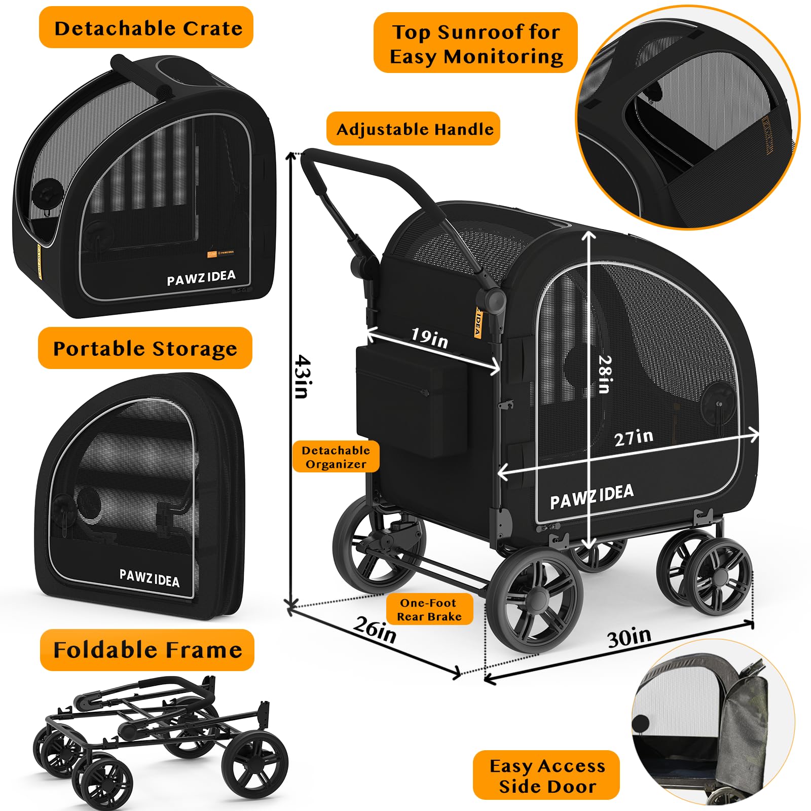 PAWZIDEA Dog Stroller for Large Dogs, Pet Stroller with Detachable Carrier for Portable Dog Crate for Car Seat, Foldable Dogs Jo
