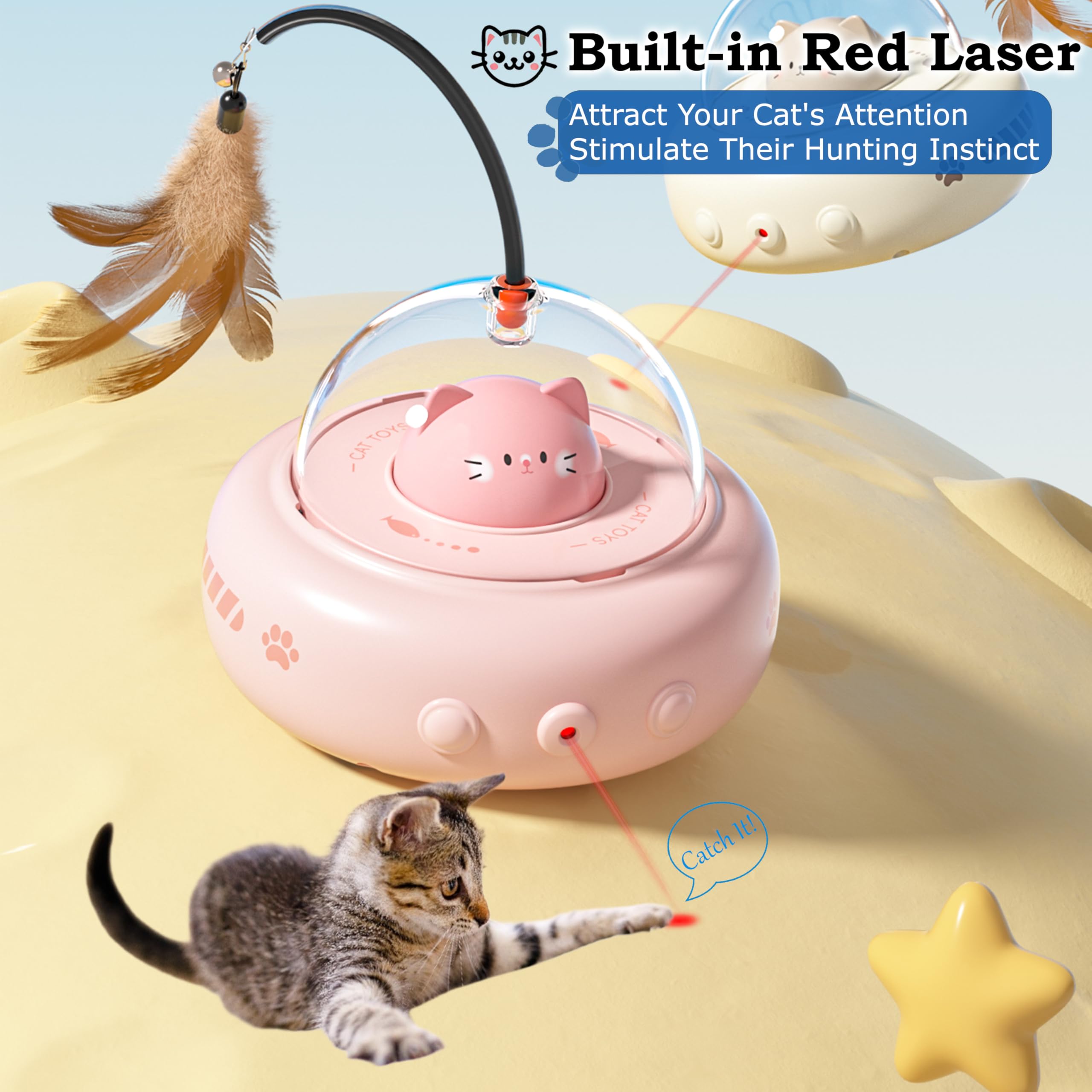 Hooroor Laser Cat Toy For Indoor Cats,2 In 1 Ufo-Vehicle Automatic Motion With Feather,Rechargeable Electronic Smart Sensor,Inte