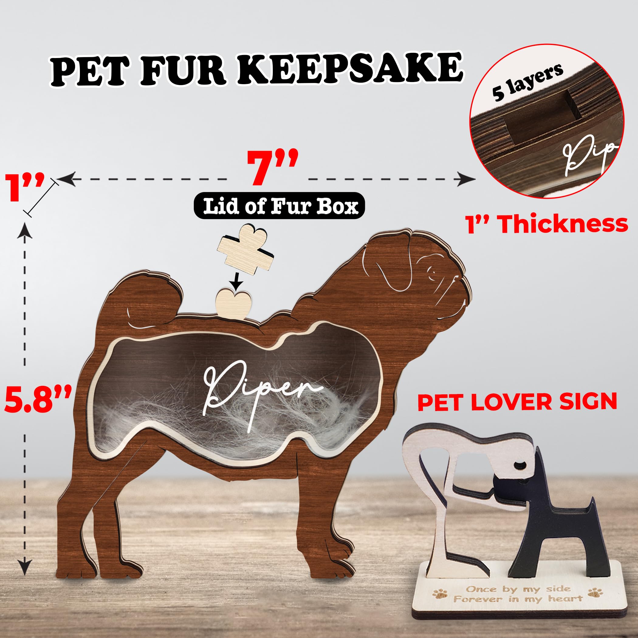 Pug Dog Hair Keepsake Box Wooden Pet Fur Gifts For Dog Cat Unique Dog Shape Standable Tabletop Decoration Pet Dog Memorial Idea