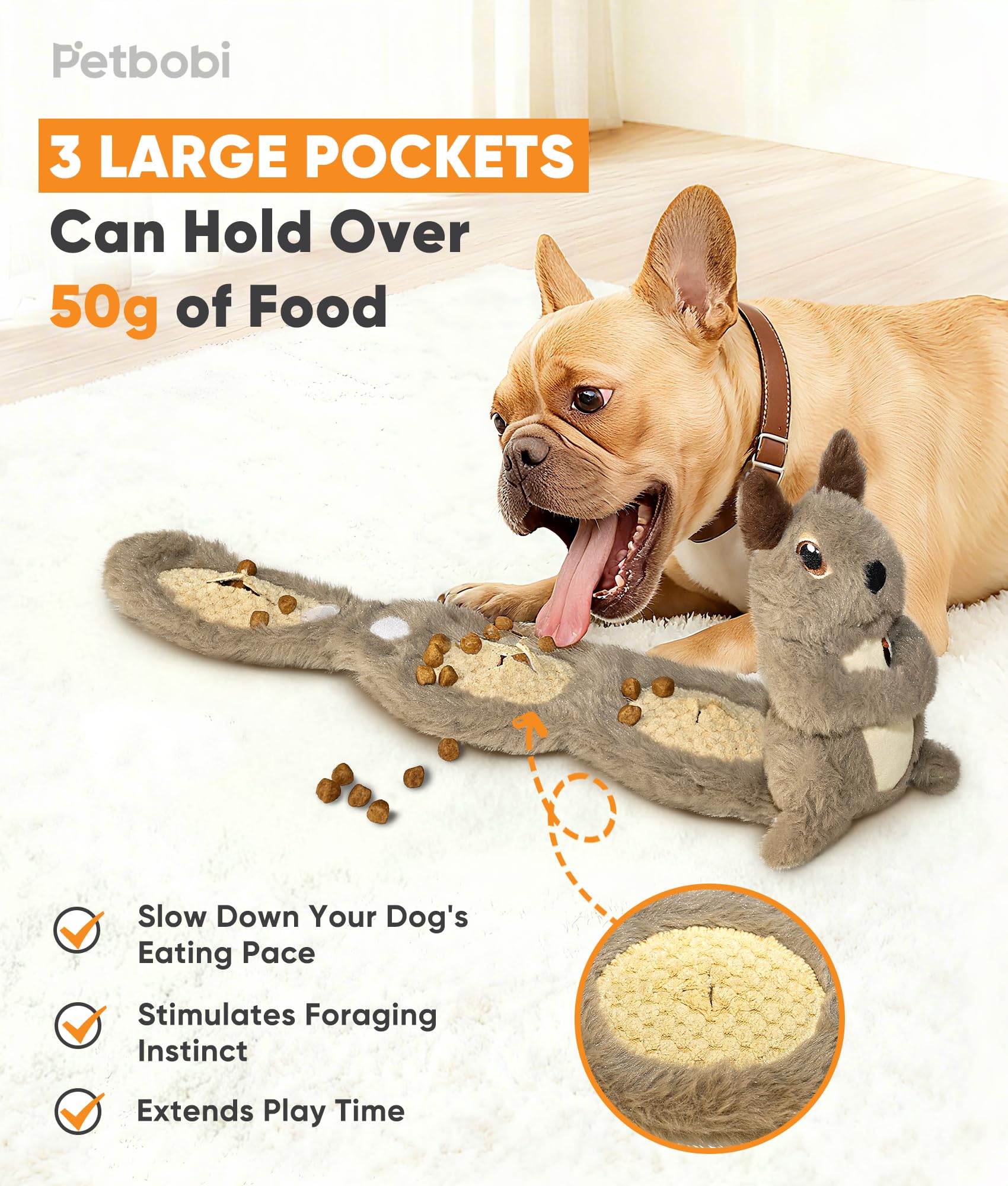 Petbobi Squeaky Dog Toy - Interactive Plush Squirrel Enrichment Toy with Treat-Hiding Pockets & Slow Feeder Puzzle for Small & M