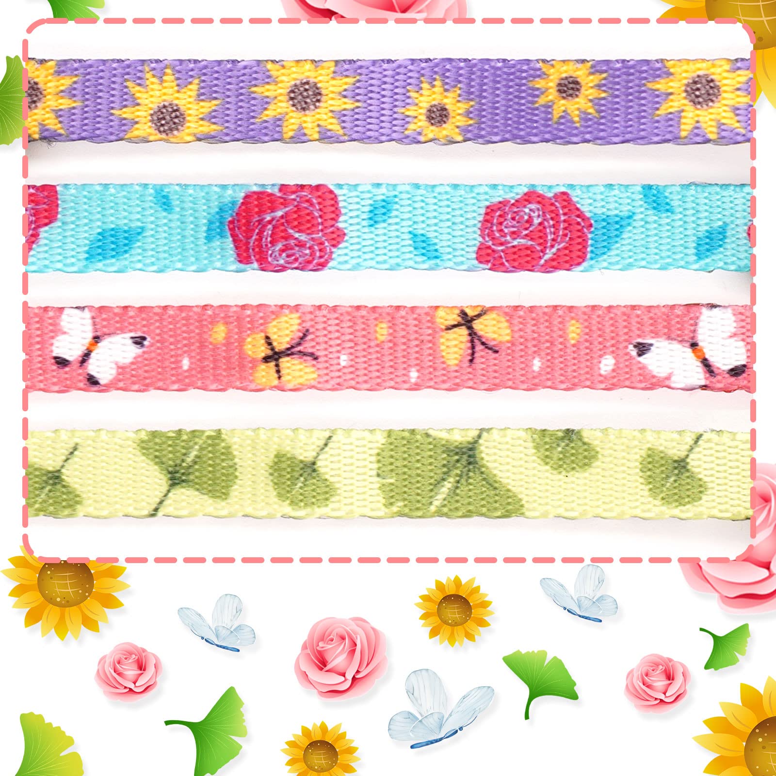 Azuza 4 Pack Kitten Collar Breakaway With Bell,Quick Release Safe Buckle Adjustable Baby Kitten Collars, Floral Print Rose/Ginkgo/Sunflower/Butterfly