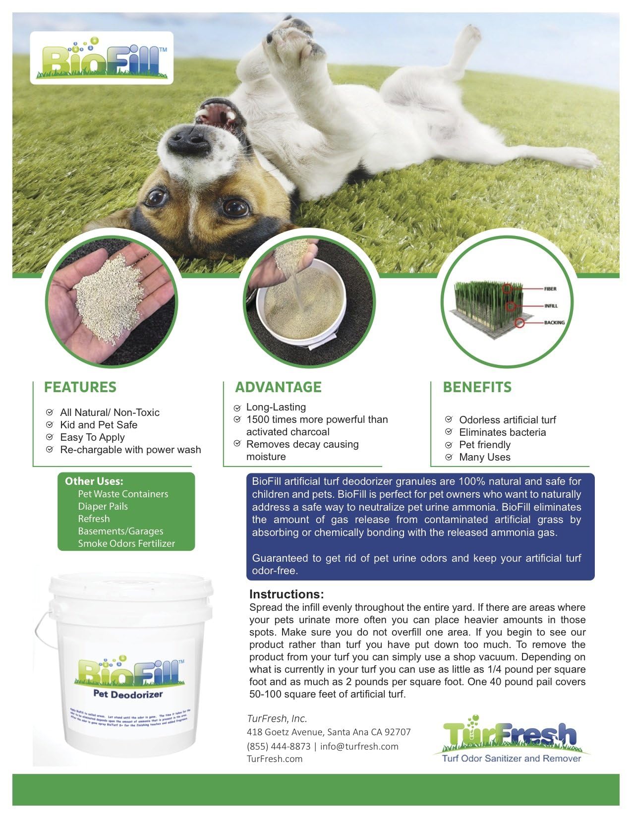 BioFill BioTurf Pet Deodorizer Granular Infill for Artificial Grass - All Natural Dog Urine Neutralizer, 1 Gallon Pail