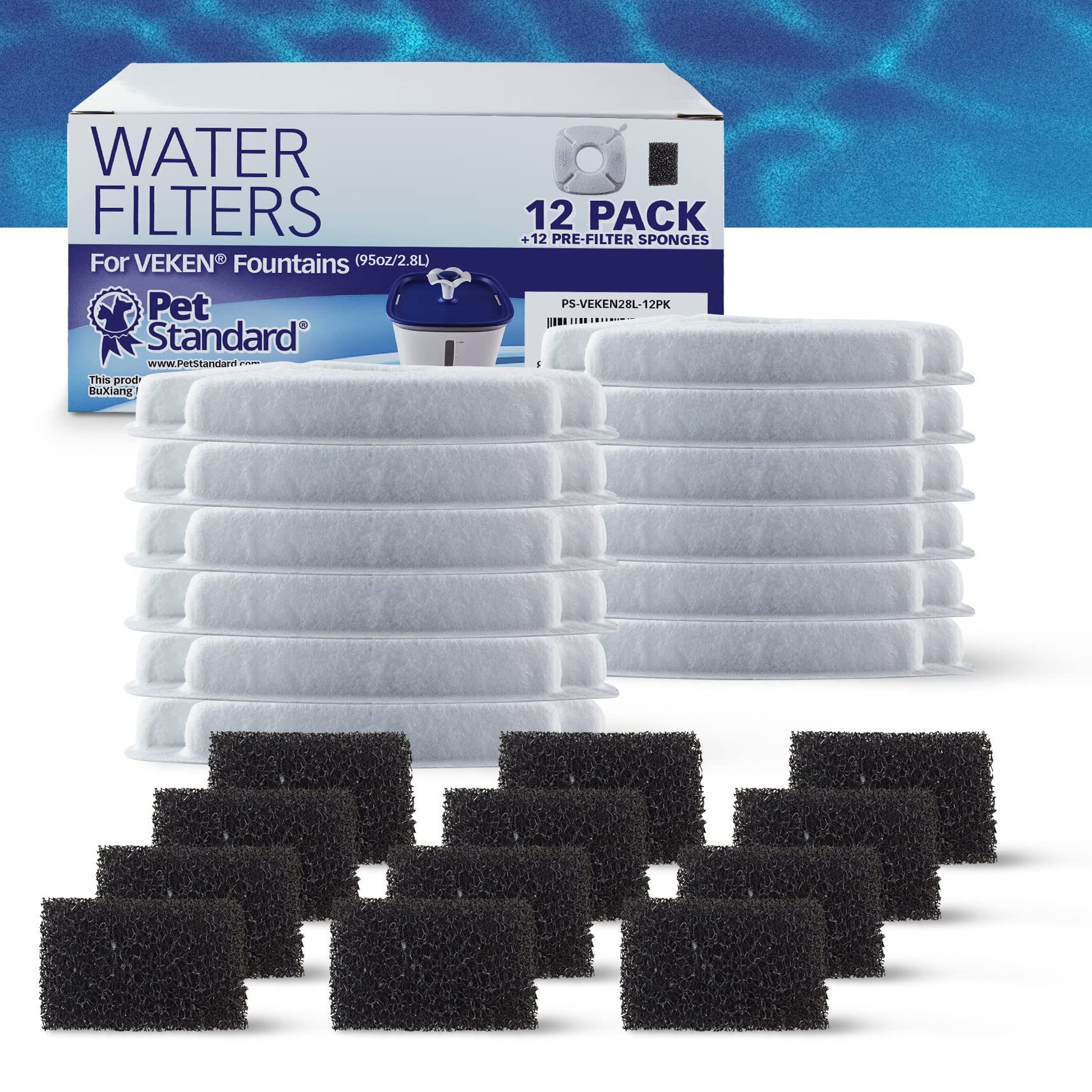PET STANDARD Water Filters, Compatible with VEKEN 95oz/2.8L Fountain, Pack of 12
