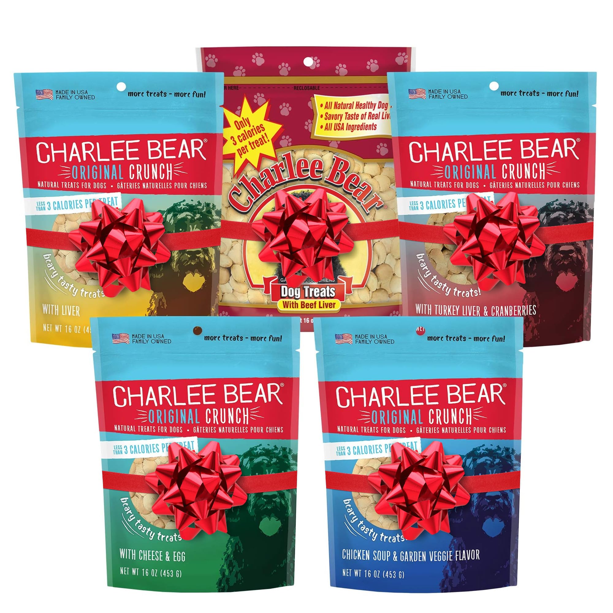 Charlee Bear Original Crunch Dog Treats-Variety Pack, 16oz Bags (5 Different Flavors), Natural Training Treats for Puppies to Ad