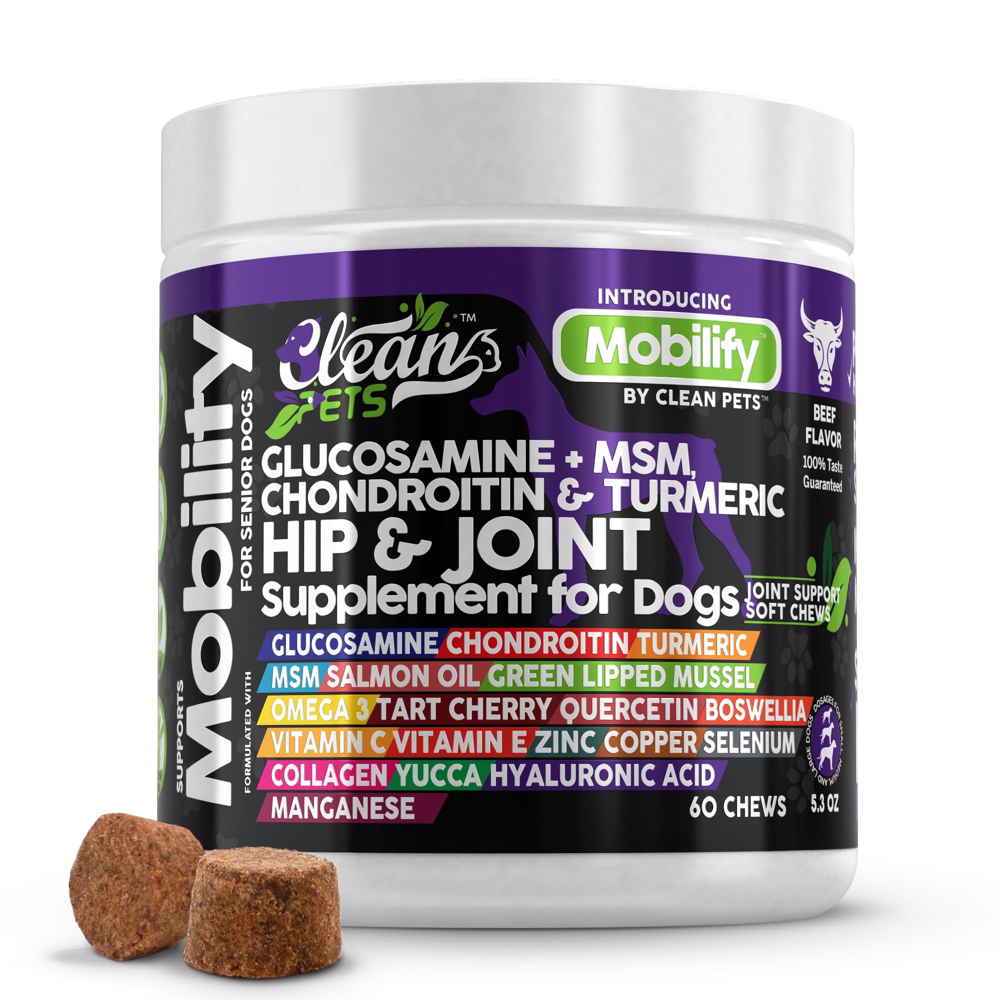 Clean Pets Hip and Joint Supplement Dogs with Glucosamine for Dogs + Chondroitin, Turmeric, Hyaluronic Acid, MSM, Salmon Oil, Co