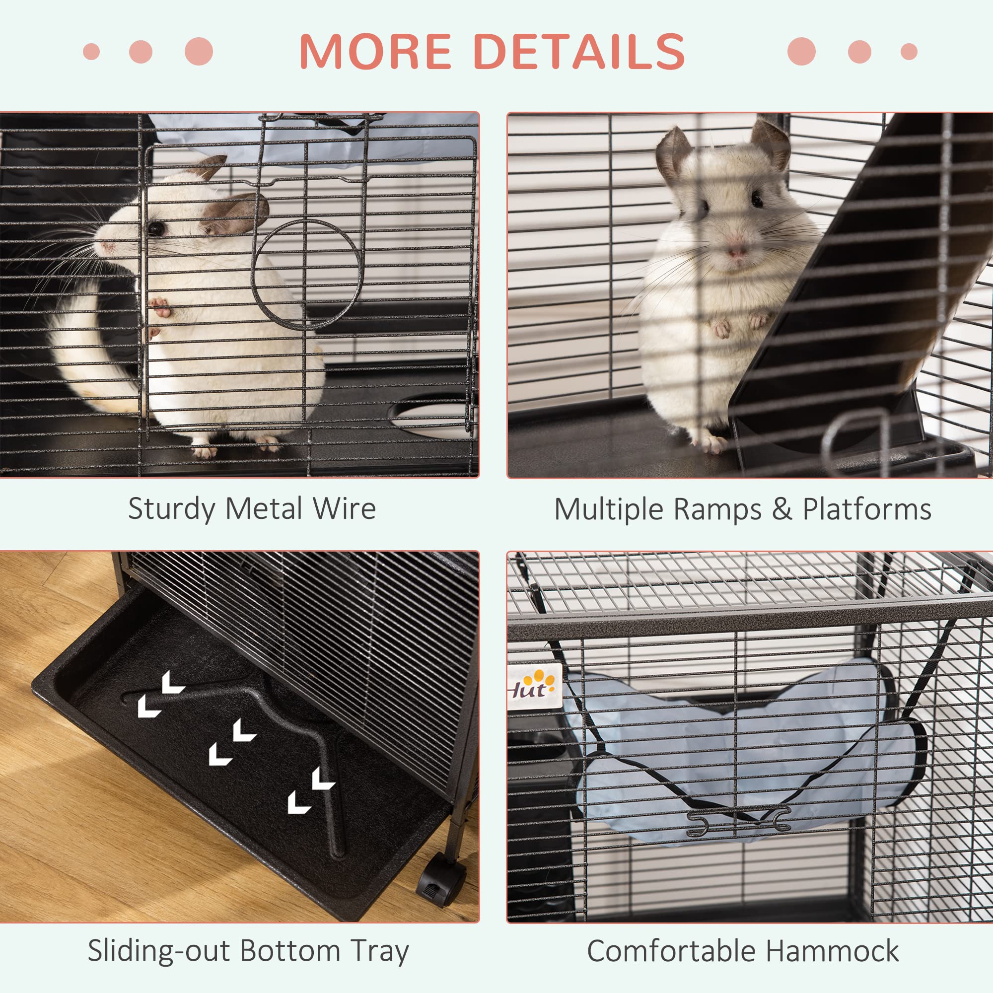 Pawhut Metal Small Animal Cage Rolling Big Ferret Cage, Chinchilla Cage, Sugar Glider Cage, With Hammock & 4 Tiers, Removable Tray, Gray