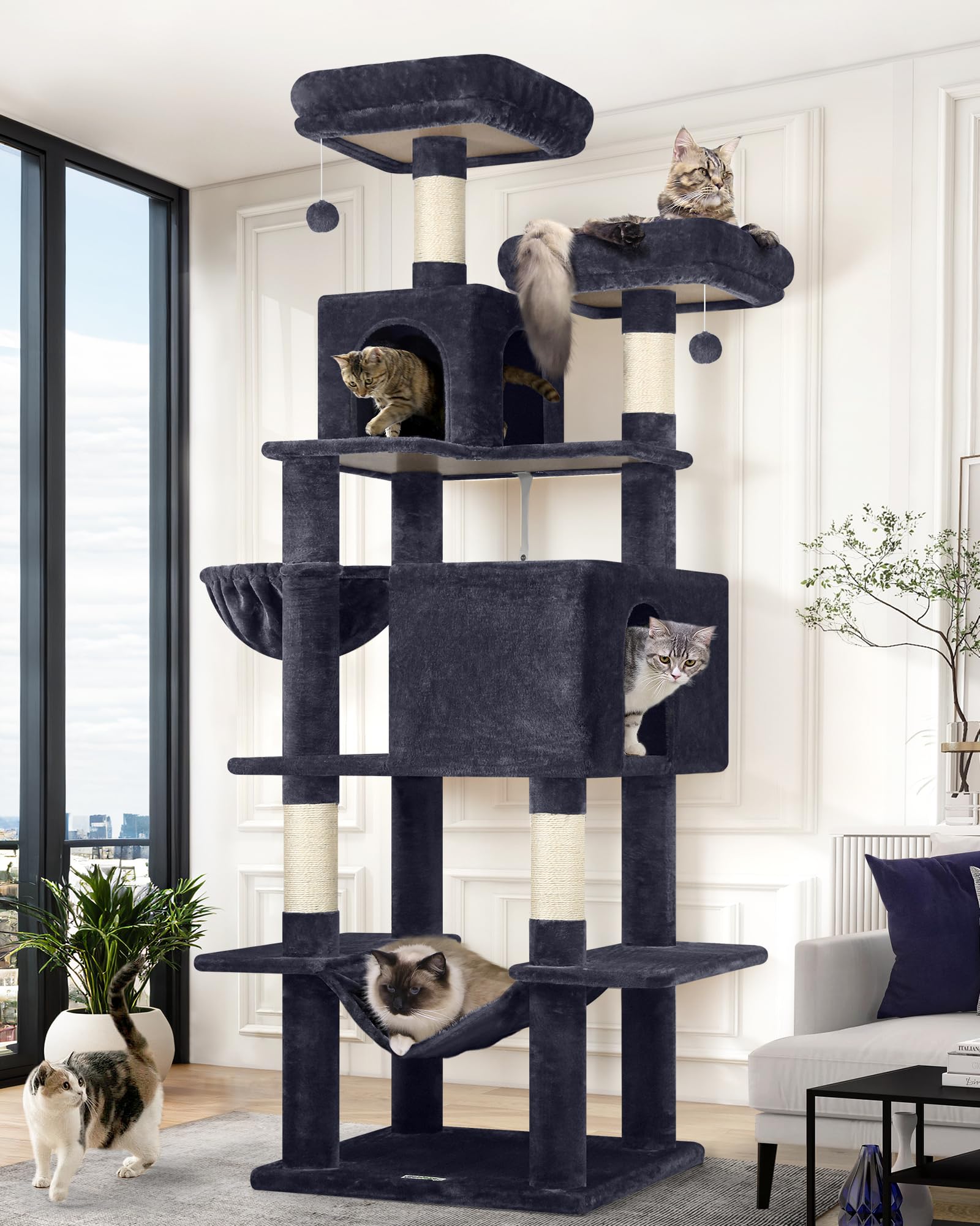 Globlazer Cat Tree Tower, 76-Inch Extra Tall Multi-Level Cat Furniture with Cozy Condos, Hammock and Perches for Adult Cats, Per