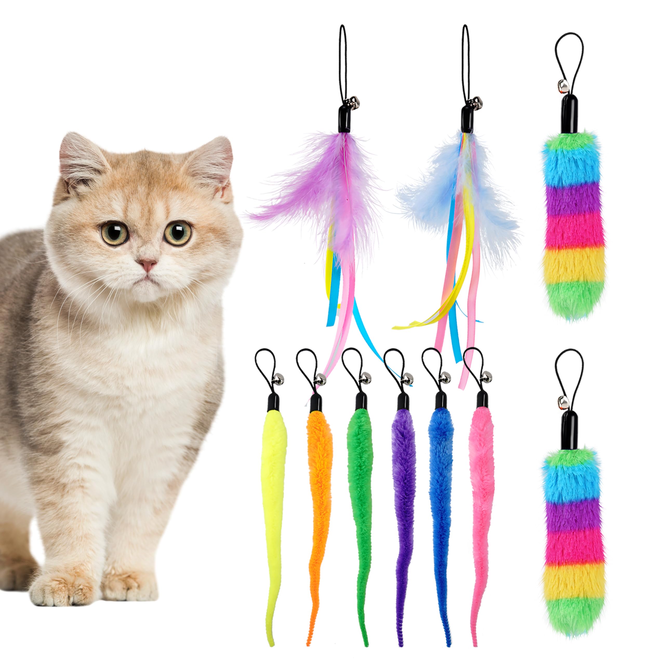Gogodogya Cat Worm Toy Attachments For Automatic Cats Ball, Cat Feather Toy For Wand Toys, Fun Exerciser Kitten Toys, 6 Worm+2 R