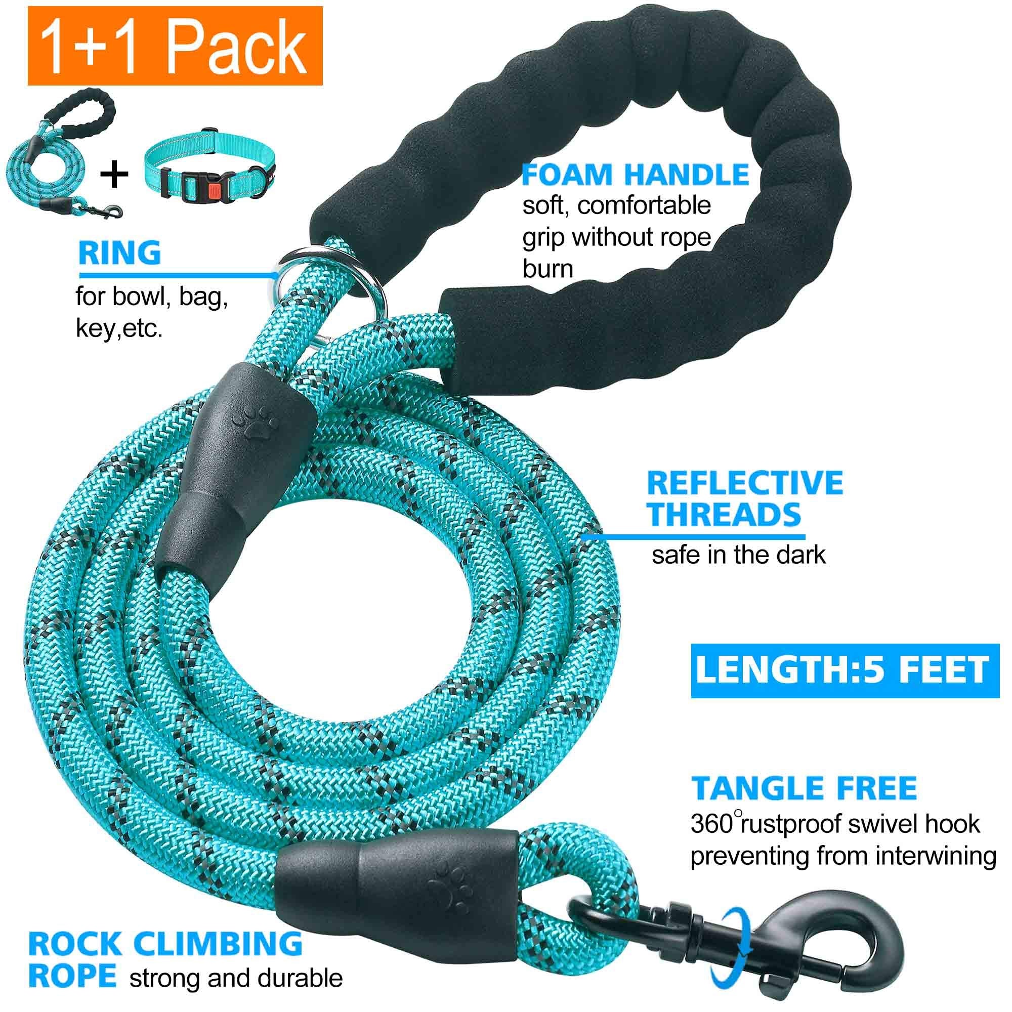 Ladoogo Heavy Duty Dog Leash - Comfortable Padded Handle, 5 Ft Long - Dog Leashes For Small Medium Large Dogs (Leash+Collar M Neck 16'-20', Blue)