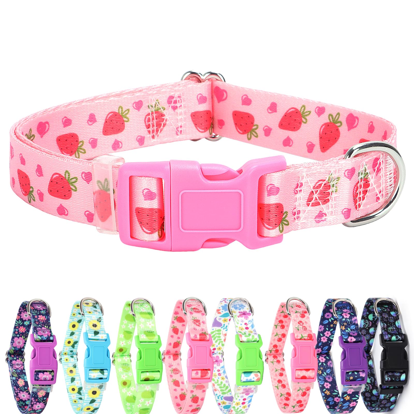 Soft Nylon Adjustable Dog Collar With Cute Strawberry Design - Pink Durable Collar For Small, Medium, Large & Xl Dogs | No-Slip 
