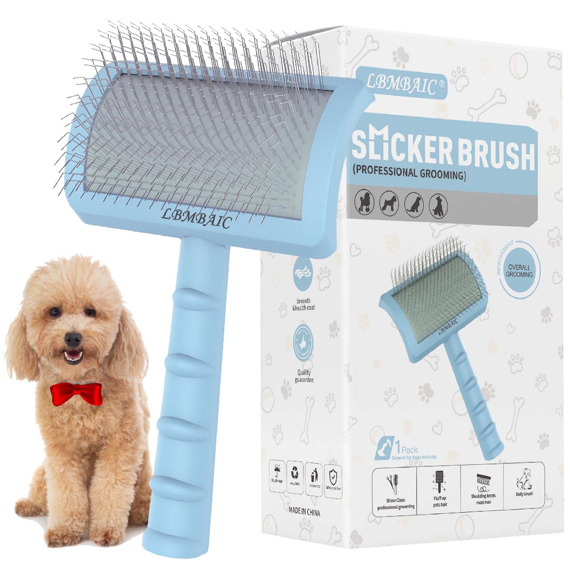 Lbmbaic Slicker Brush For Poodles And Goldendoodles - Curved Brush For Thick, Fluffy, Shedding Fur On Dogs And Cats - Soft, Gent