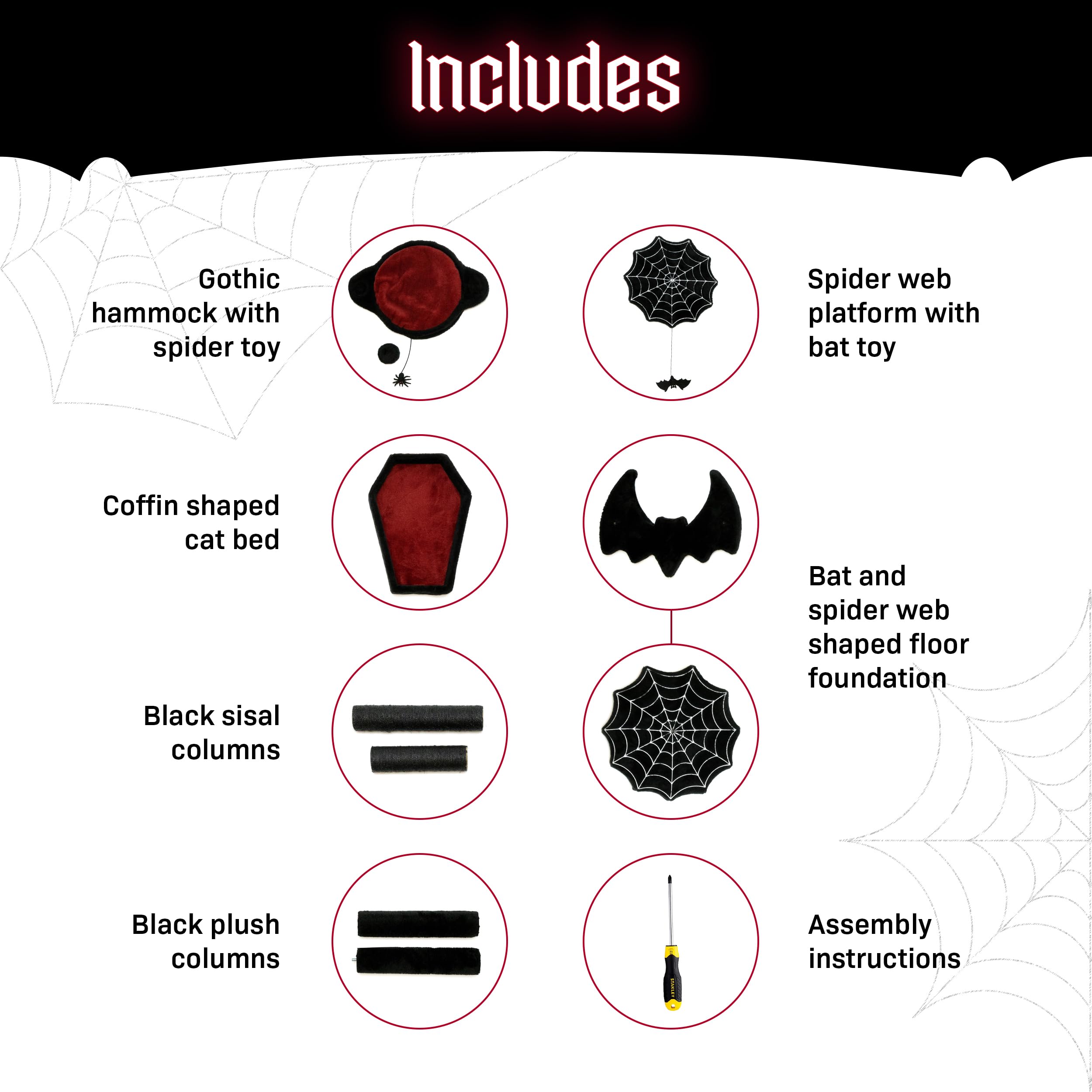 Littlesy Gothic Cat Tree With Coffin Cat Bed, Hammock, Spider & Bat Goth Cat Toys - 35 Inch Tall Coffin Cat Tree For Gothic Love