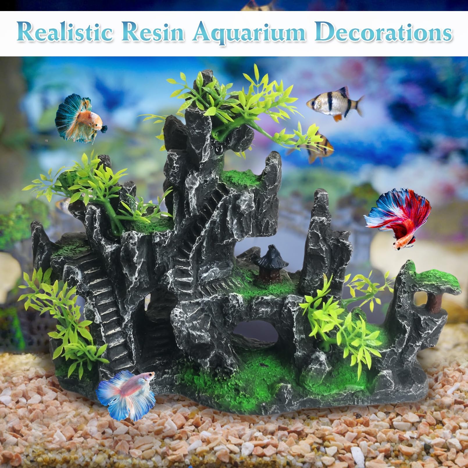 kathson Aquarium Mountain View Stone Resin Fish Tank Decorations Betta Hideout Caves Rockery Landscape Tree Aquarium Decorations