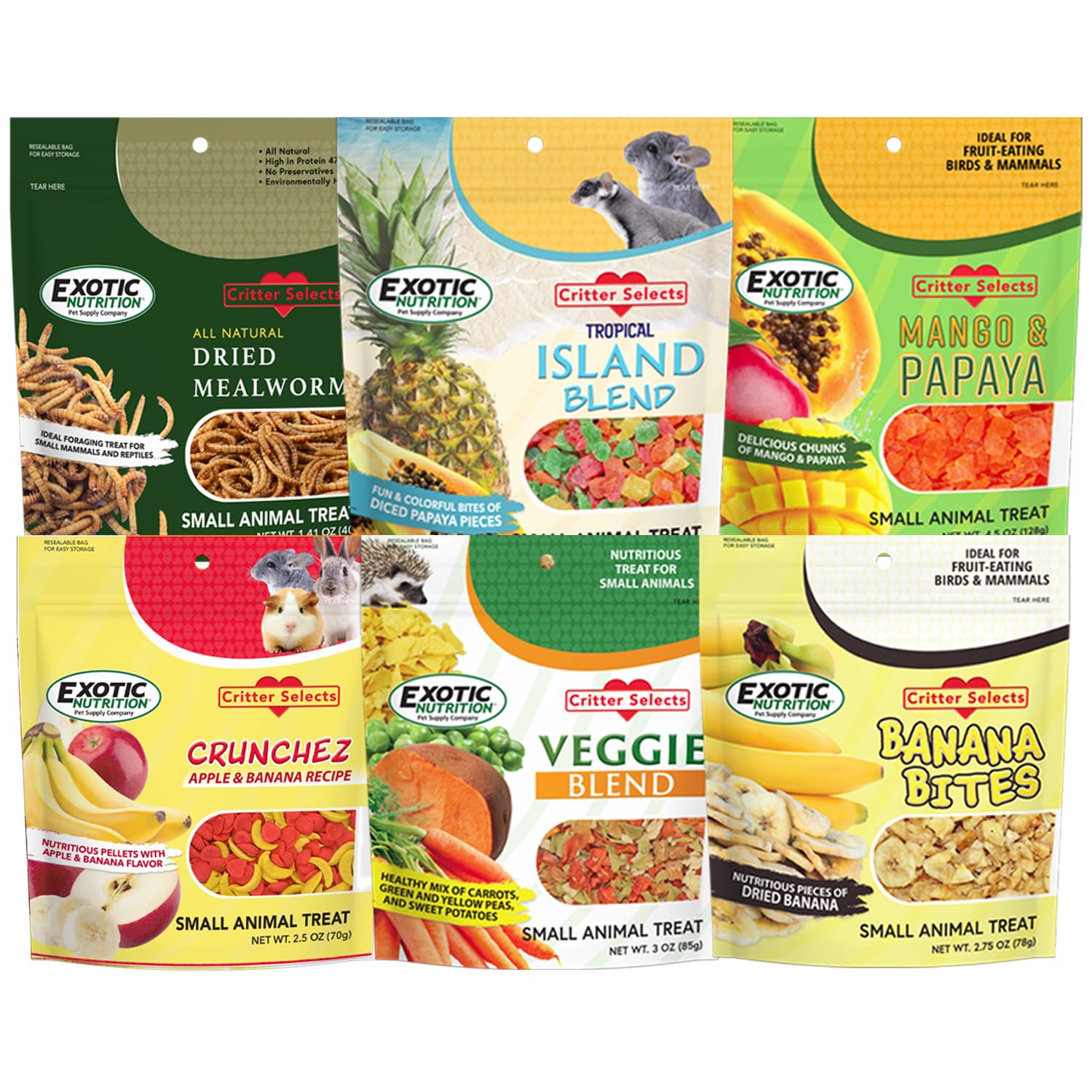 Treat Assortment 6 Pack - Pet Treat with Mix of Dried Fruits, Dried Insects, & Other Crunchies - For Sugar Gliders, Hedgehogs, S