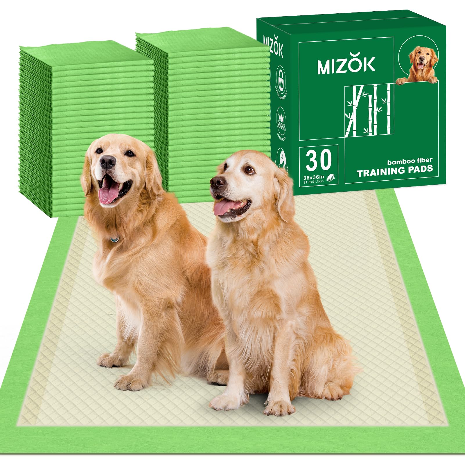 MIZOK Dog Pee Pads 36x36in Dog Pads XXL with Bamboo Odor Eliminating 11 Cups Super Absorbent 6-Layer Leak-Proof Puppy Pads with 