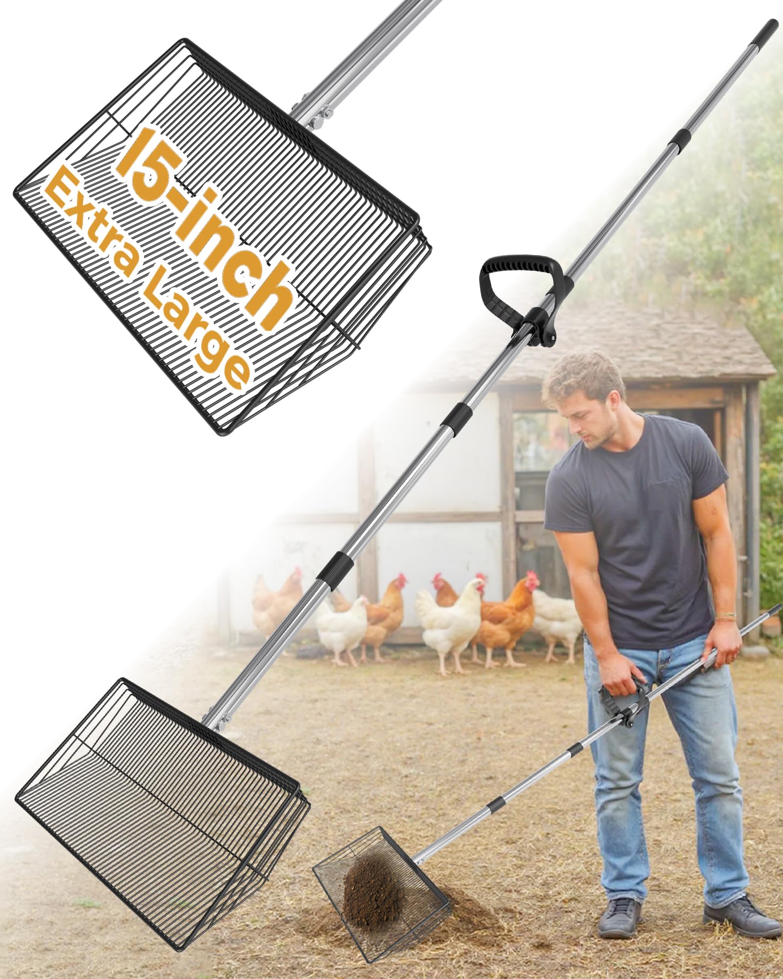 15-inch Large Chicken Poop Scooper, Heavy Duty Adjustable Chicken Coop Scoop for Sand with Ergonomic Grip,Metal Chicken Coop Sco