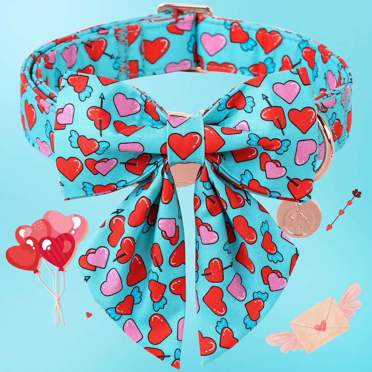 Dogwong Valentine Dog Collar With Bow, Blue Heart Dog Collar Durable Soft Cotton Pet Dog Collar Cute Heart Valentines Day Puppy