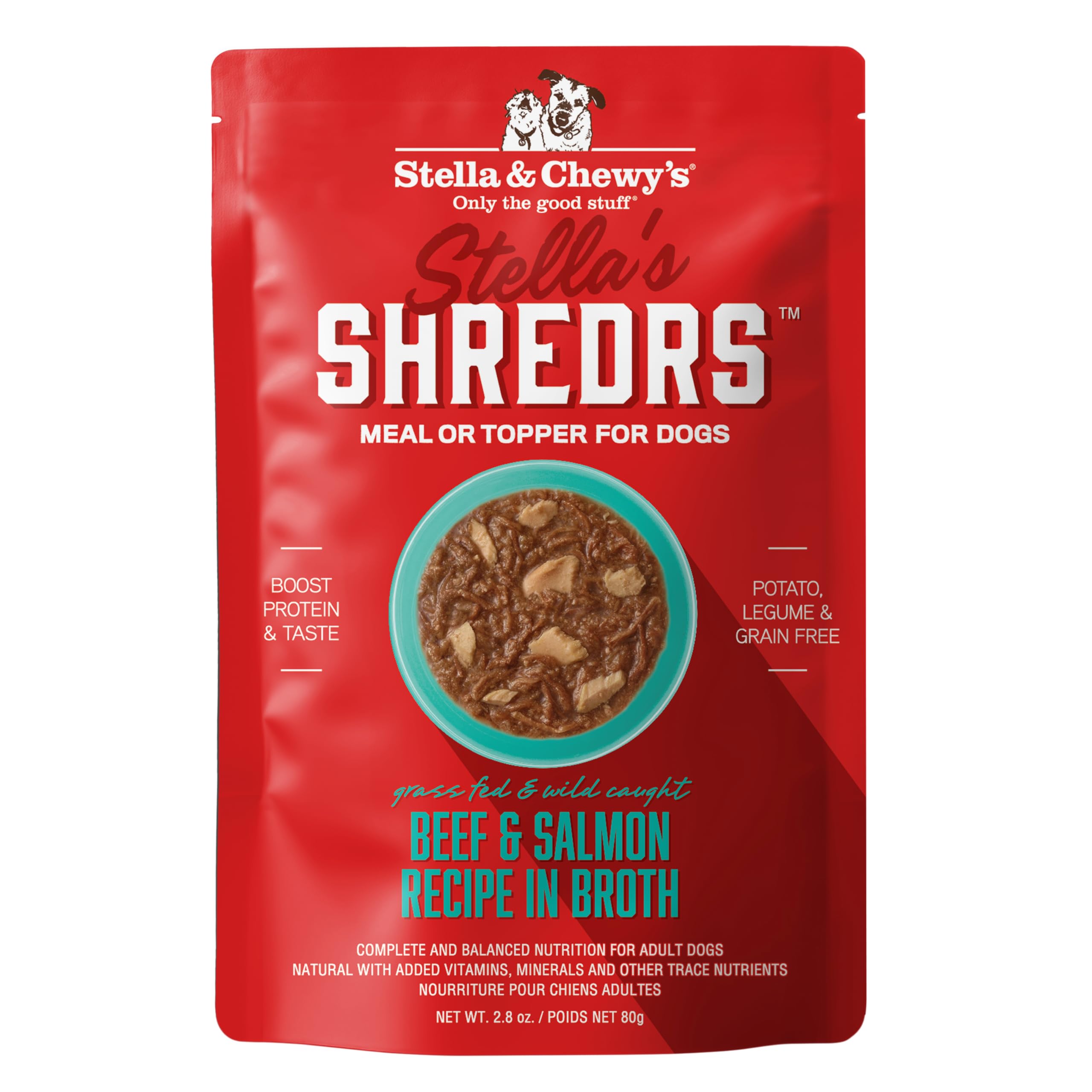 Stella & Chewys Stellas Shredrs Grass Fed Beef & Wild Caught Salmon Recipe in Broth, 2.8 oz Pouches (Pack of 12)
