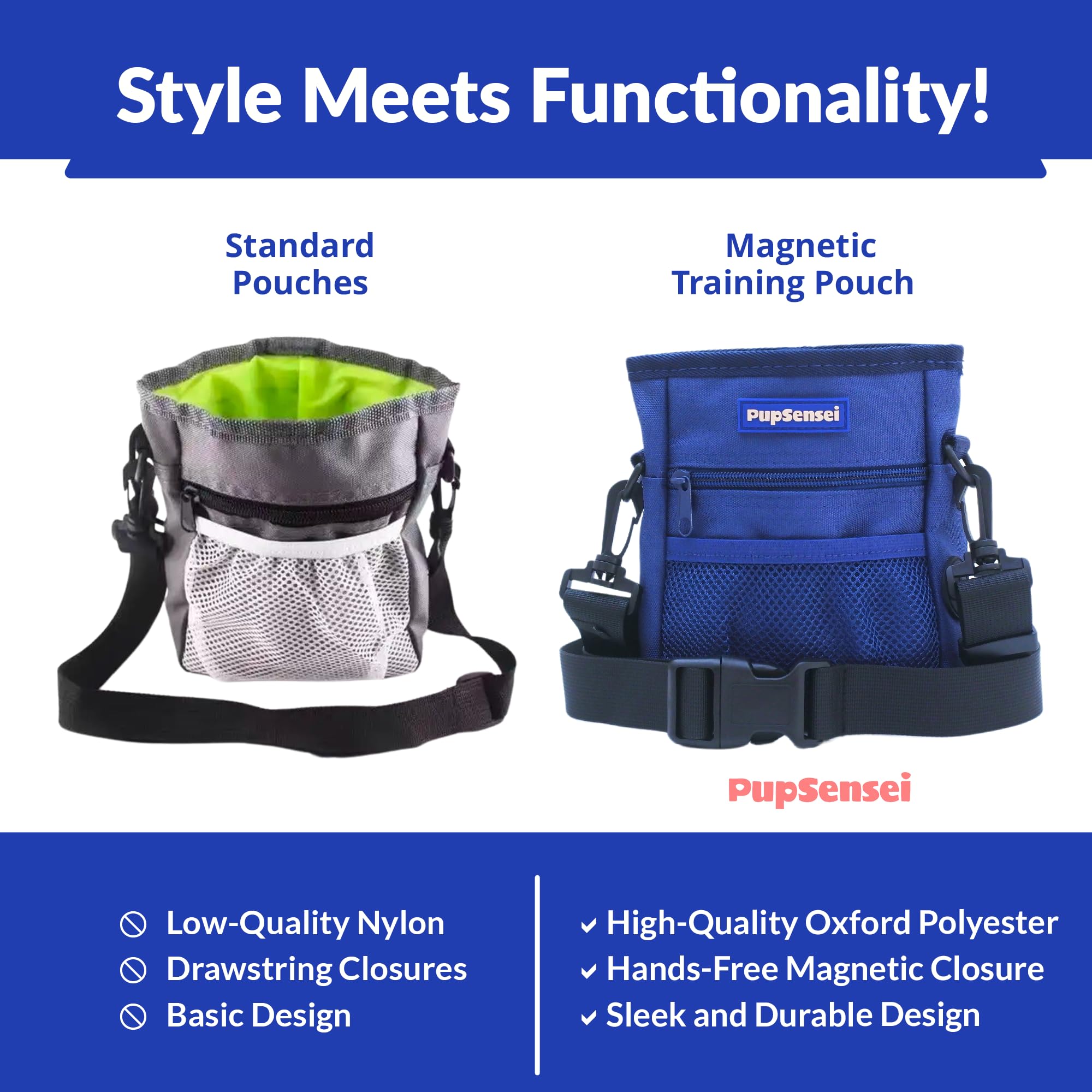 PupSensei Dog Treat Pouch, Durable Oxford Polyester, No-Spill Magnetic Closure, Treat Pouches for Pet Training with Metal Clip,