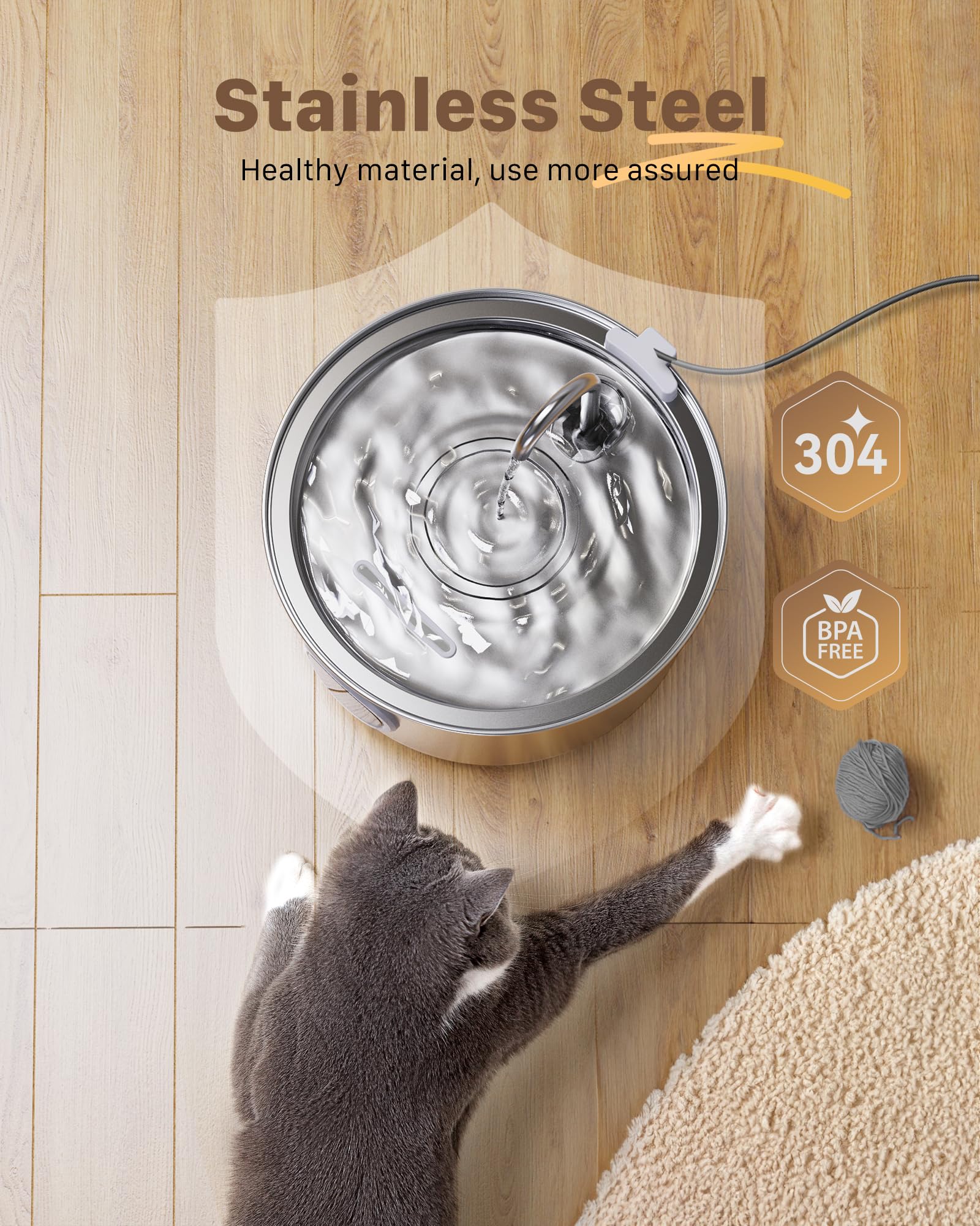 Cat Fountains for Drinking Stainless Steel: 108oz/3.2L Cat Water Fountain Led Light - Running Pet Water Fountain Filtered - GIOT