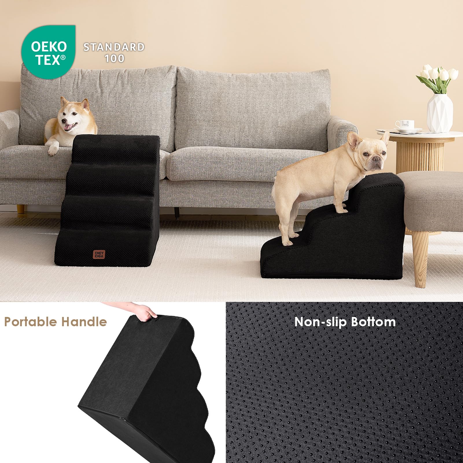 Eheyciga Curved Dog Stairs Ramp For Small Dogs 15.7' H, 3-Step Dog Steps For Couch Sofa And Chair, Pet Stairs For Cats, Non-Slip Balanced Pet Steps Indoor, Black