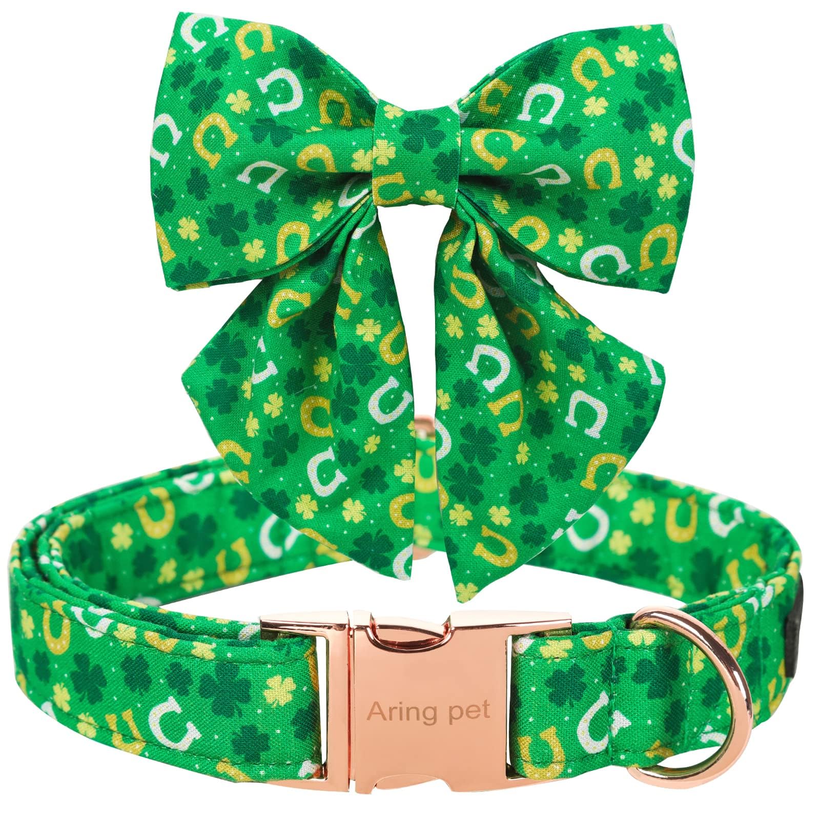 ARING PET St. Patrick's Day Dog Collar-Green Clovers Dog Collar with Sailor Bowtie, Adjustable Cotton Trefoil Dog Collars with M