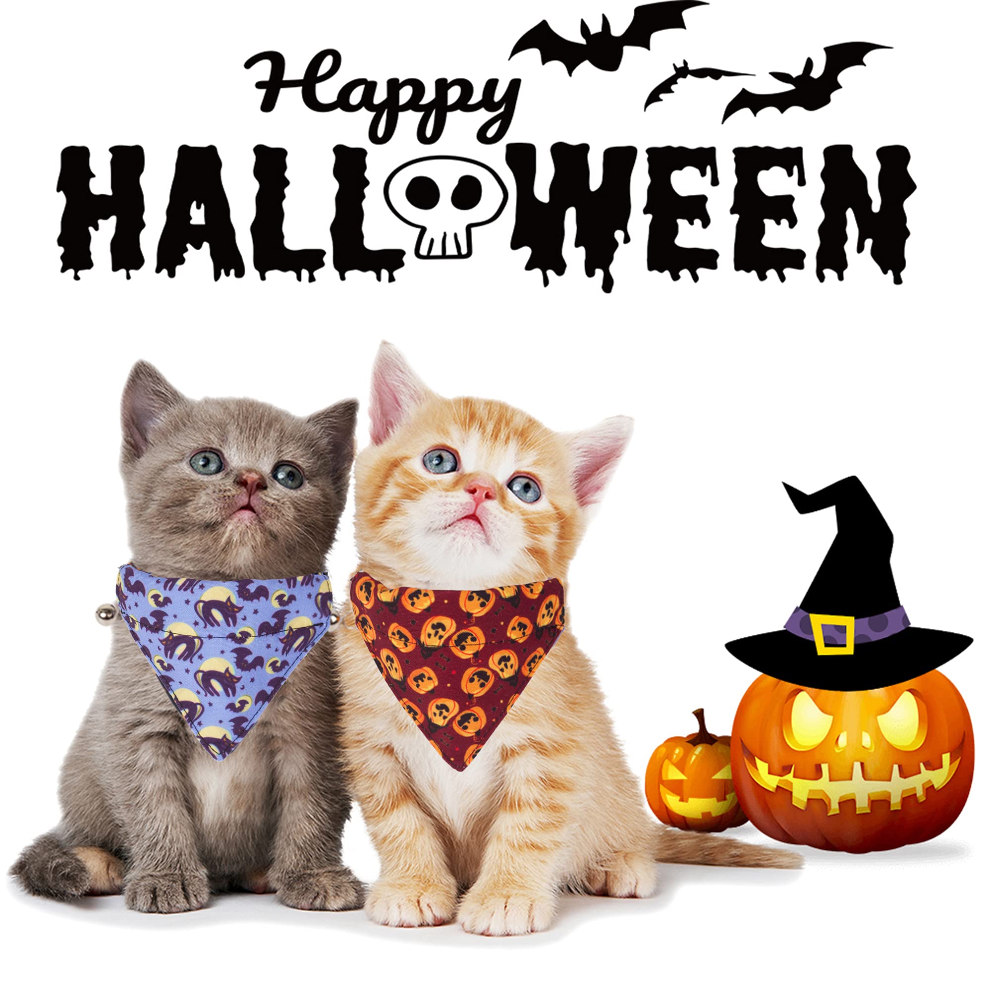 Adoggygo Halloween Cat Collars Breakaway With Removable Bandana, 2 Pack Adjustable Cat Collar Pumpkin Pattern Cat Bandana Collar For Kittens Cat (Halloween-1)