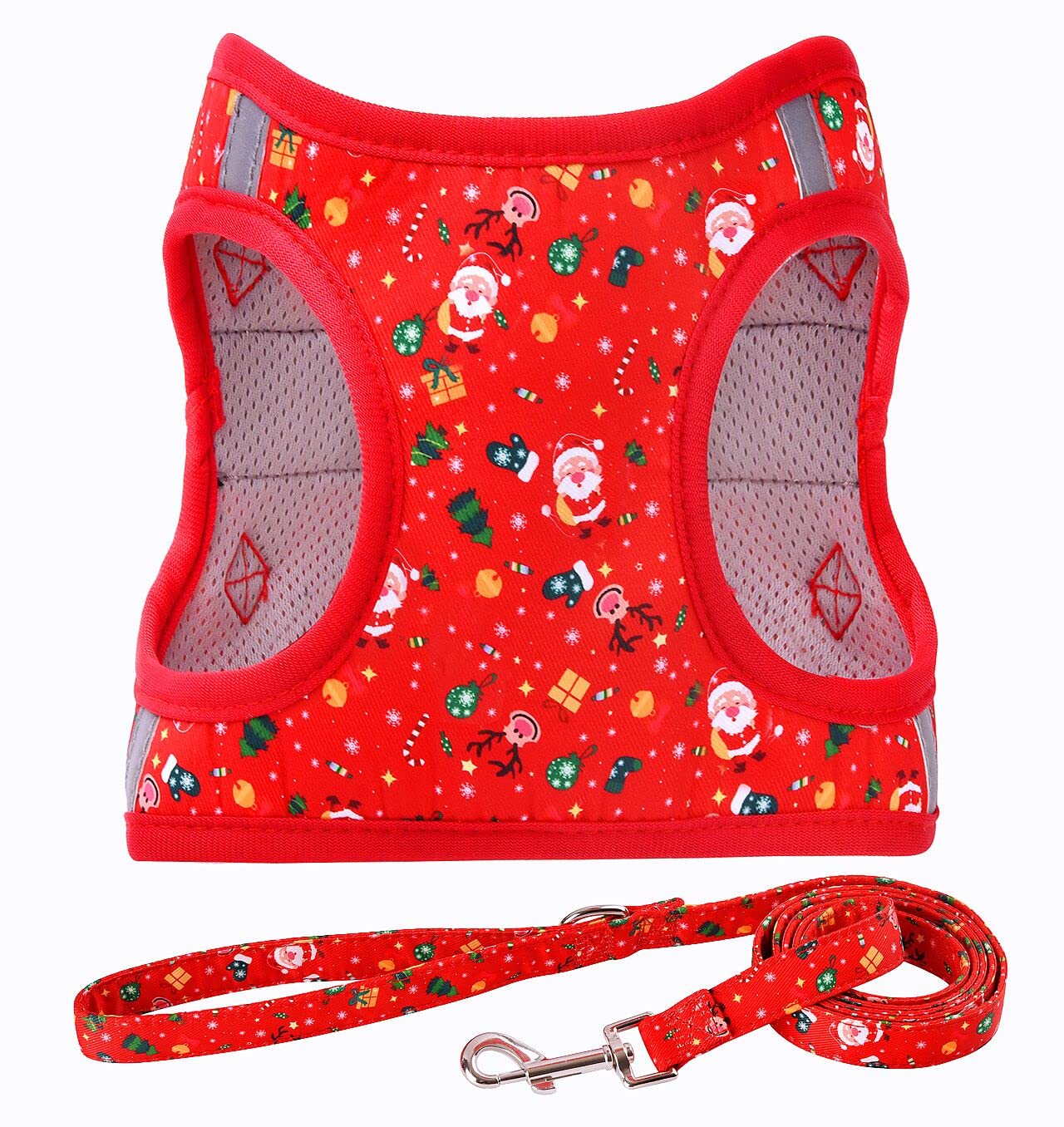 Moonpet Step in Christmas Xmas Day Dog Harness Leash Set- All Weather Reflective No-Pull Floral Pattern Padded Mesh Vest Harness
