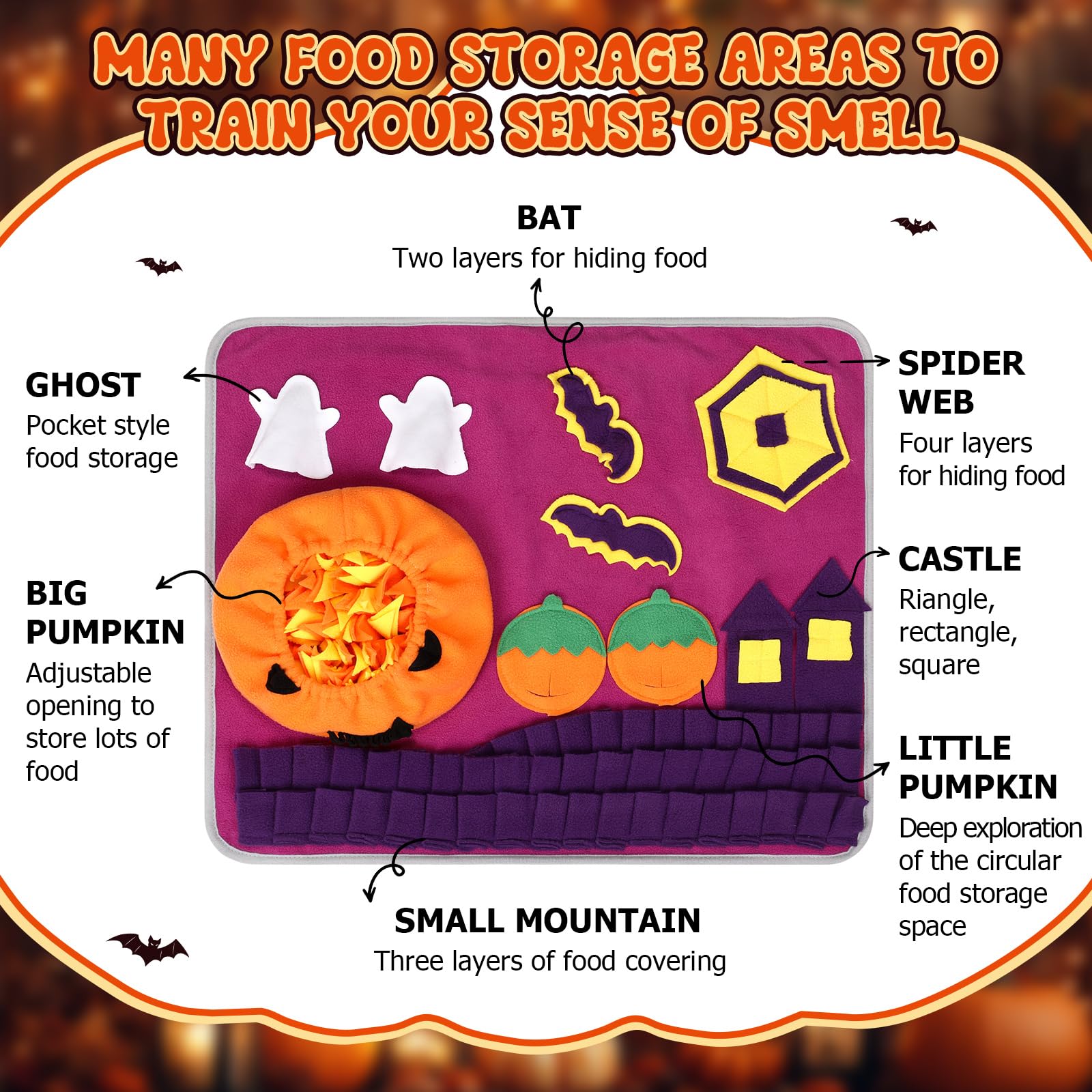 Skylety Halloween Snuffle Mat for Dogs Pumpkin Squeaky Plush Dog Toys Witch Bat Feeding Mat Hide Seek for Small to Large Dogs In
