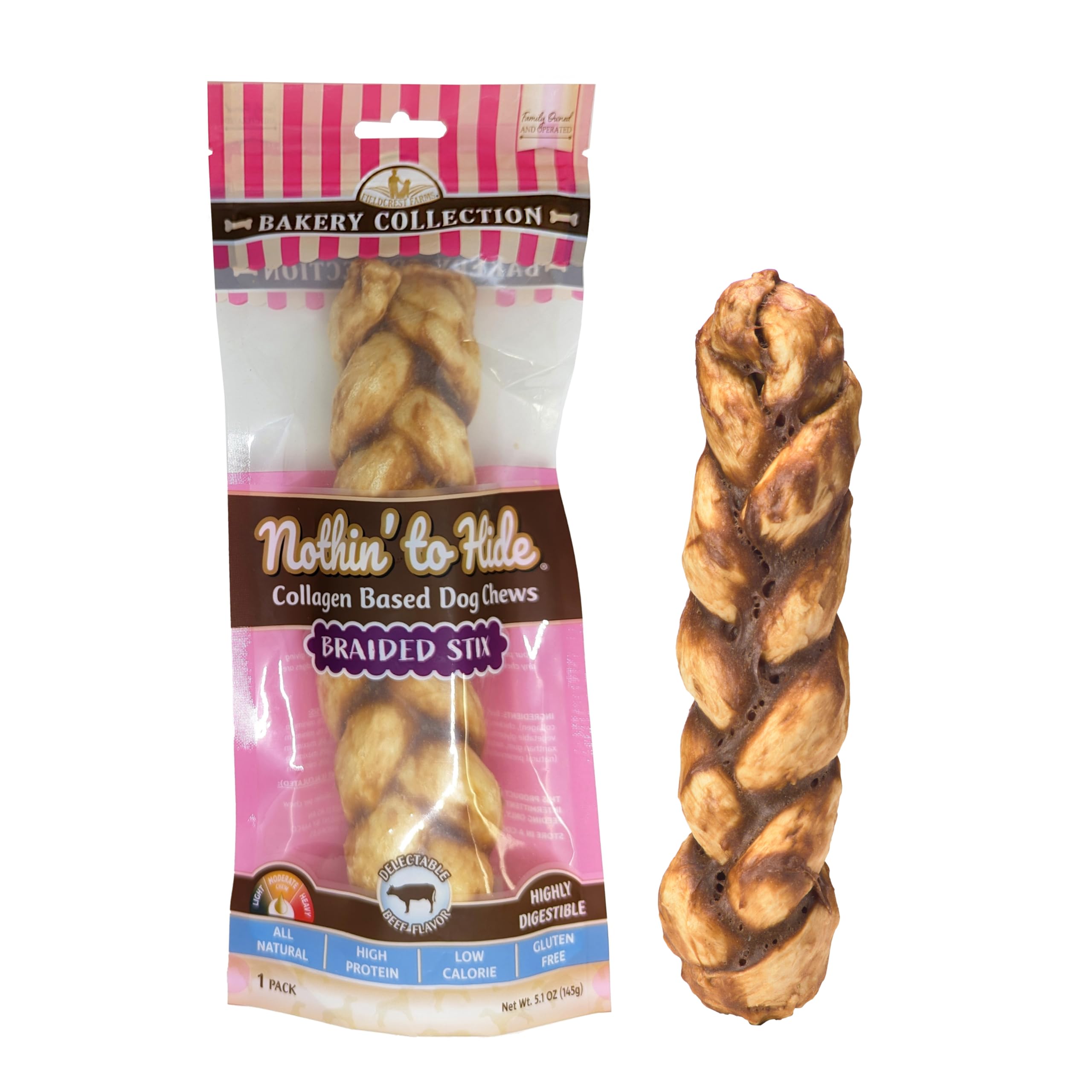 Nothin to Hide Collagen-Based Dog Chews Large Braided Stix, Beef Flavor, Easily Digestible, Supports Skin, Coat, Joints & Muscl