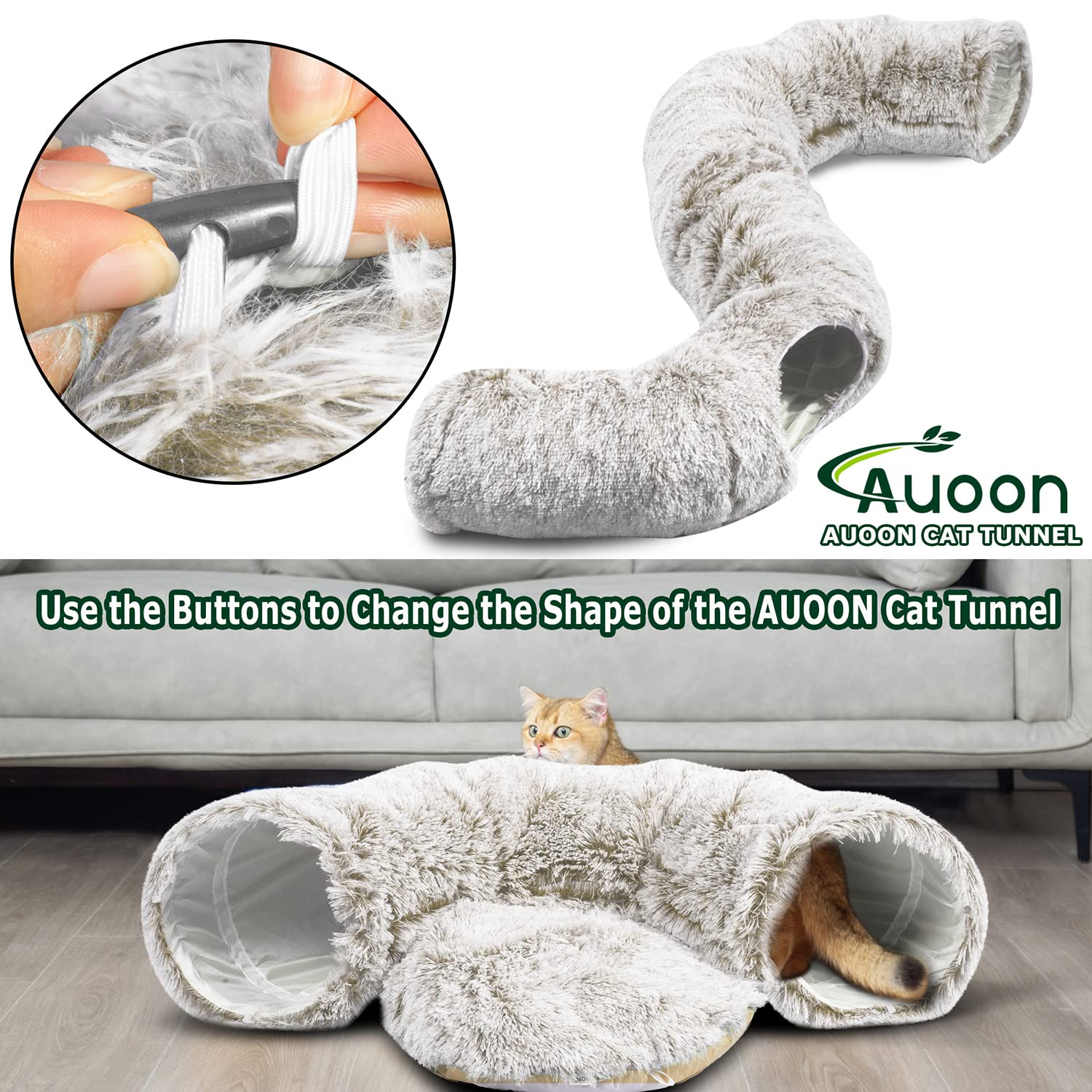 Auoon Cat Tunnel Bed With Central Mat,Big Tube Playground Toys,Soft Plush Material,Full Moon Shape For Kitten,Cat,Puppy,Rabbit,Ferret (Khaki)